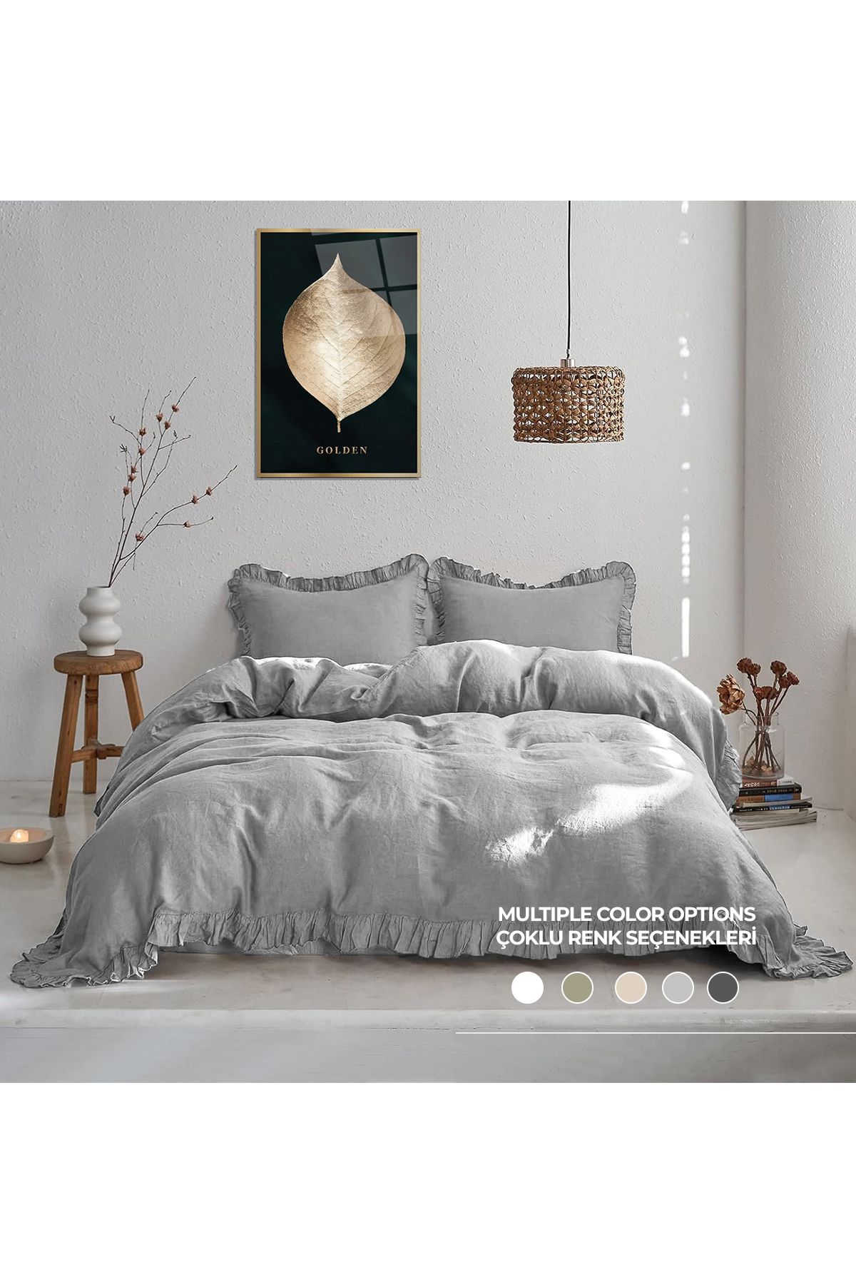 Evlen Home Collection-طقم غطاء لحاف ناعم مكشكش من القطن باللون الرمادي المزدوج - 4 قطع باريلا 5
