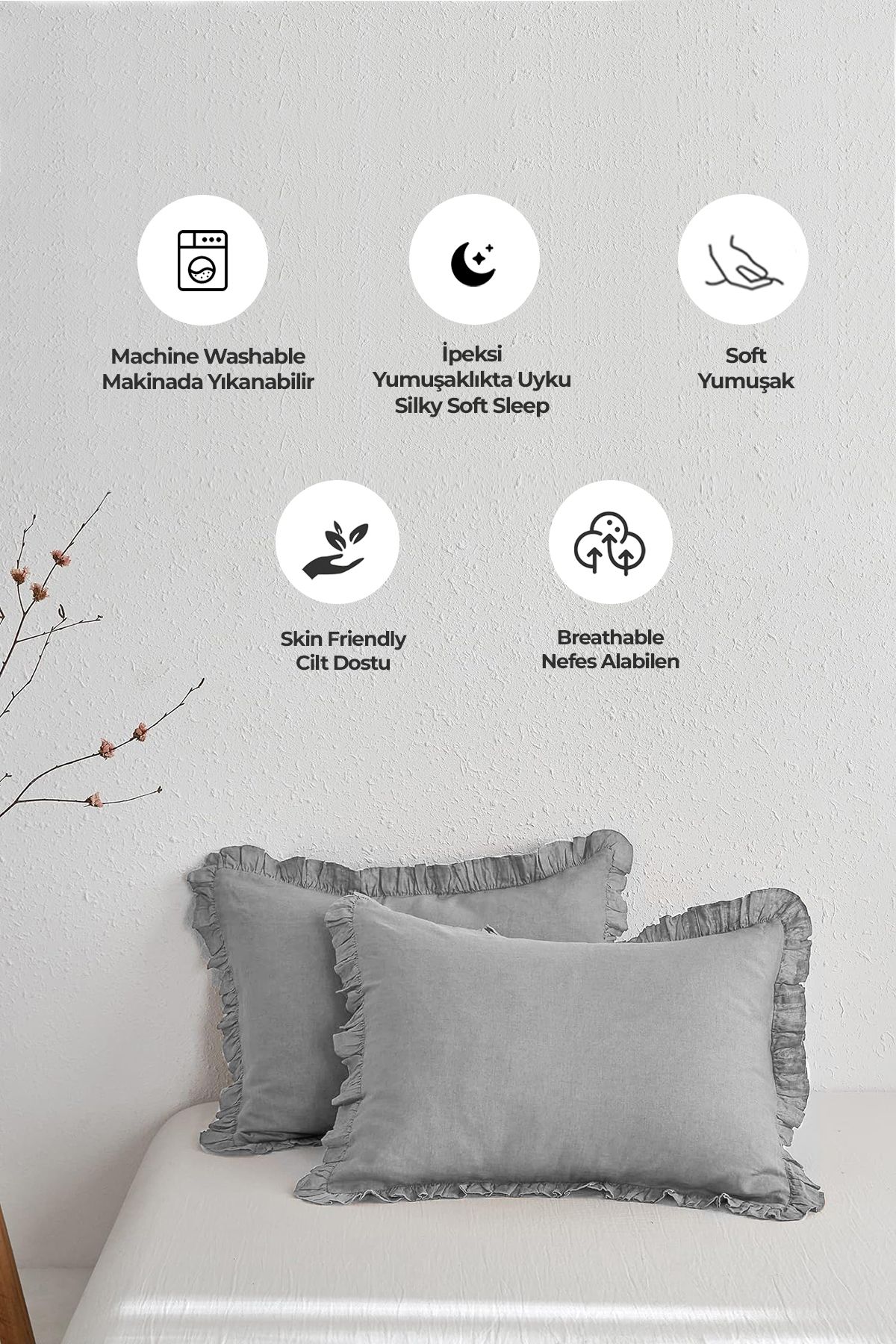 Evlen Home Collection-طقم غطاء لحاف ناعم مكشكش من القطن باللون الرمادي المزدوج - 4 قطع باريلا 3