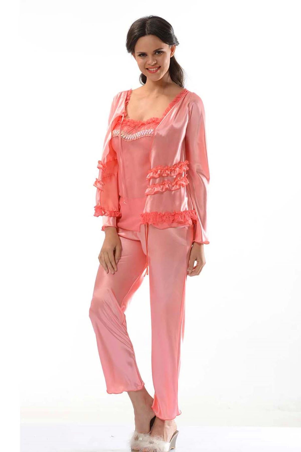 YNT İthalat Nar Çiçeği Saten Pijama Takımı - 1413