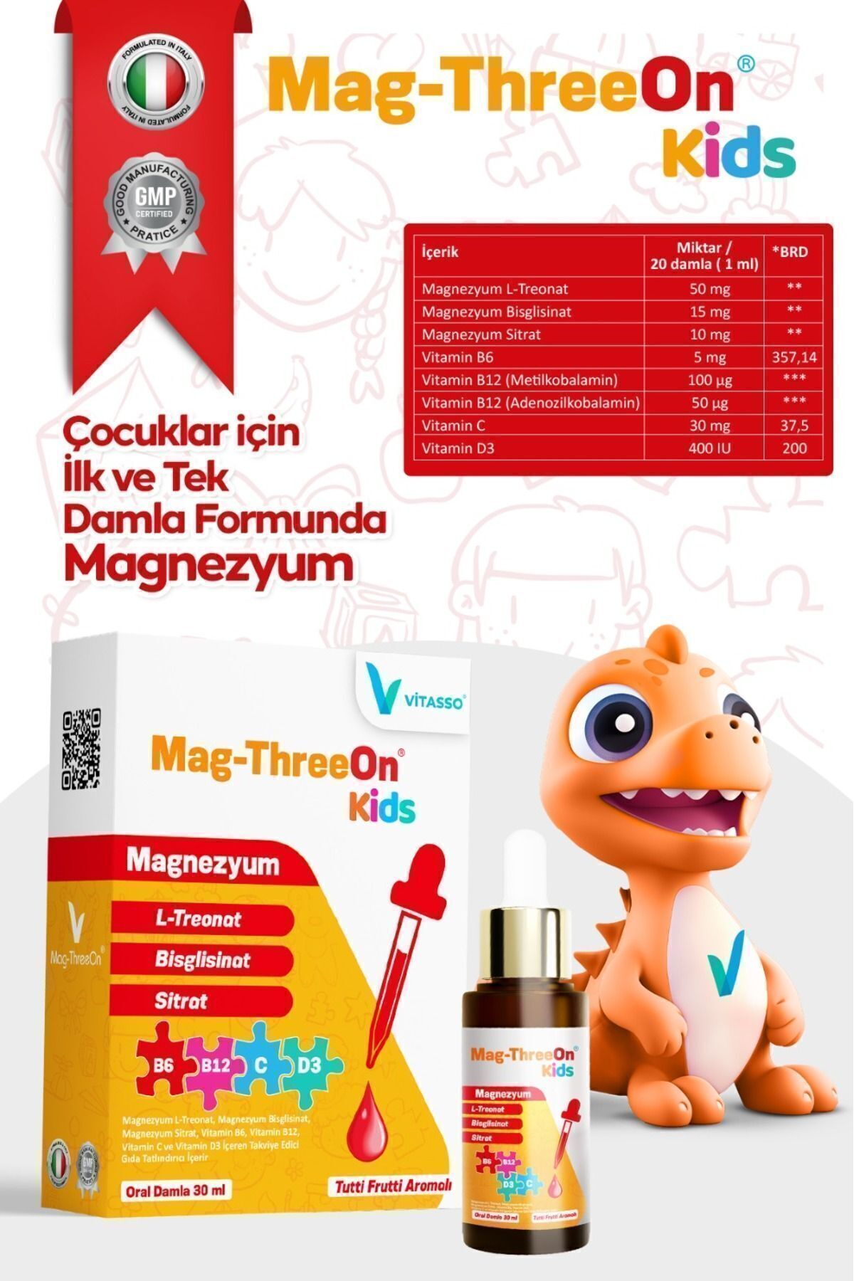 Vitasso Çocuk Magnezyum Magthreeon Kids Organik Damla - Vitamin B12-c-b6-d3 Magnezyum Ilk Ve Tek