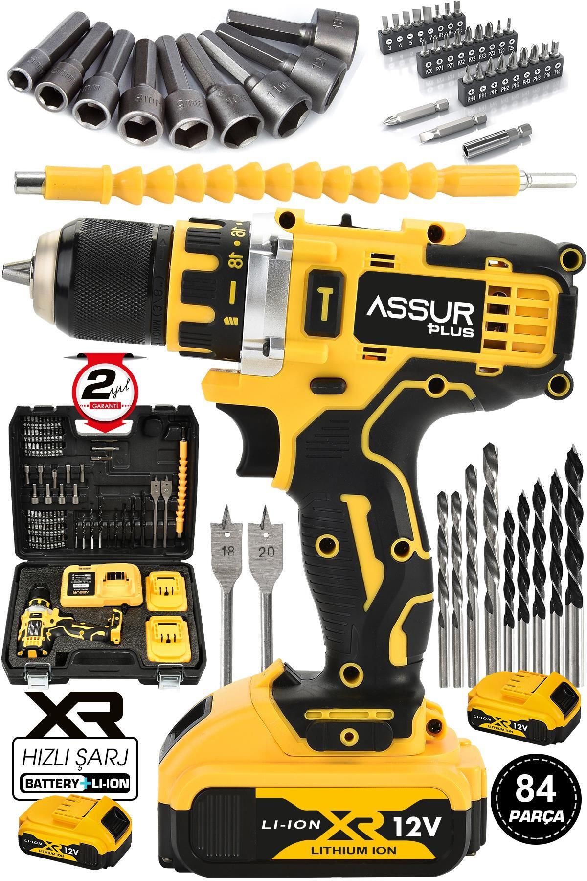 Jetta Power Tools Assur Plus 12v 2ah Şarjlı Matkap Darbesiz Metal Şanzuman Bakır Sargılı Çift Akülü 84 Parça Set Hediy