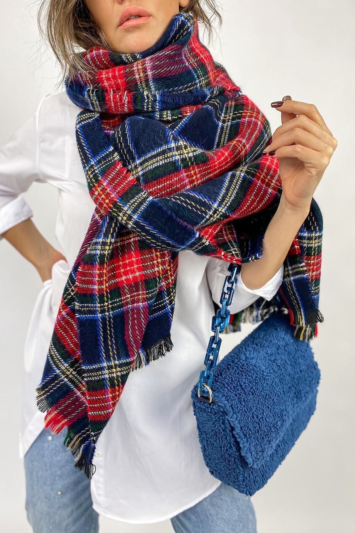 çiğdem eşarp-Copy - Navy Blue Plaid Soft Scarf 1