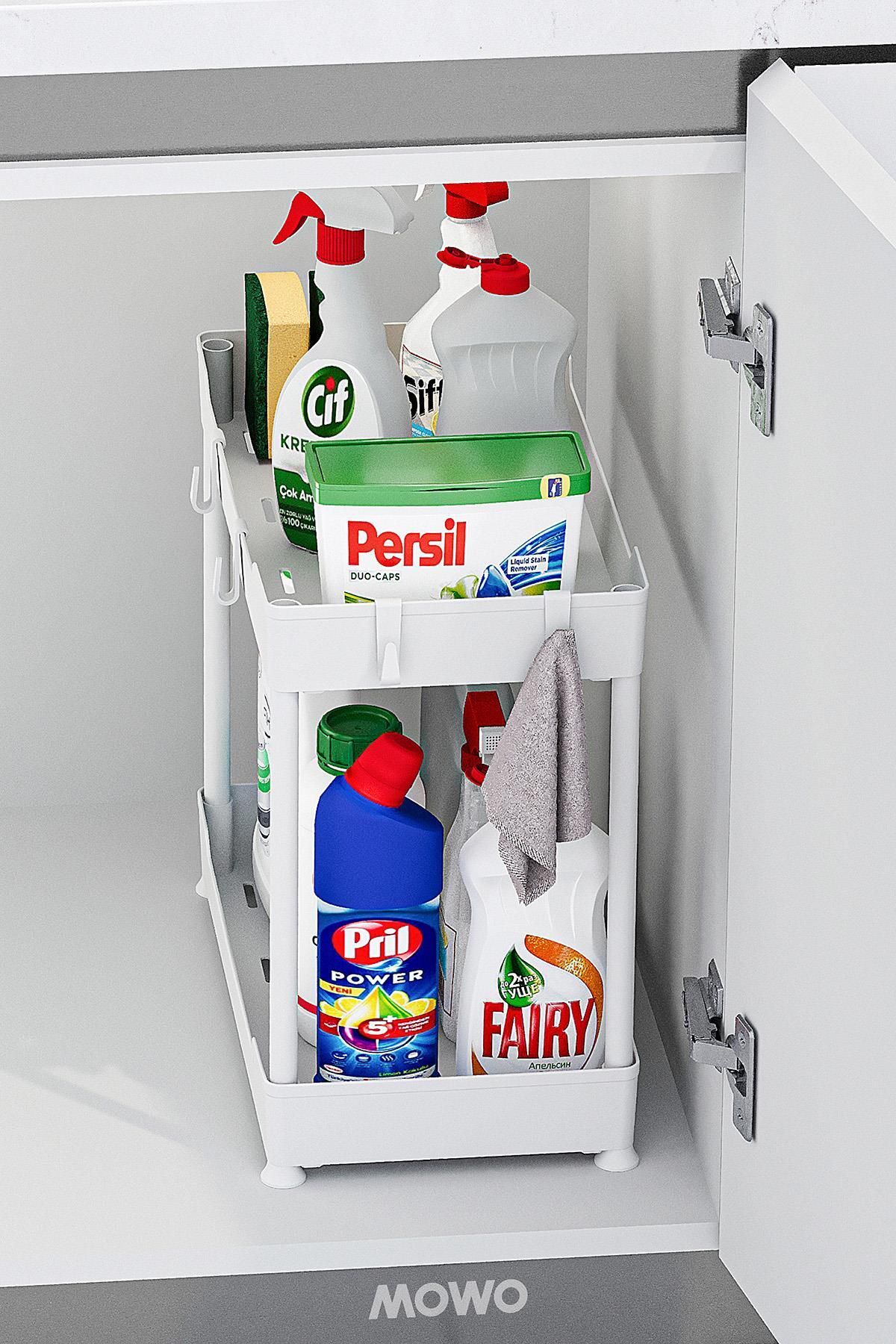 Mowo Home-White 2 Tier Organizer Kitchen Shelf Bathroom Shelf, under Cabinet Counter under Sink Detergent Holder 2