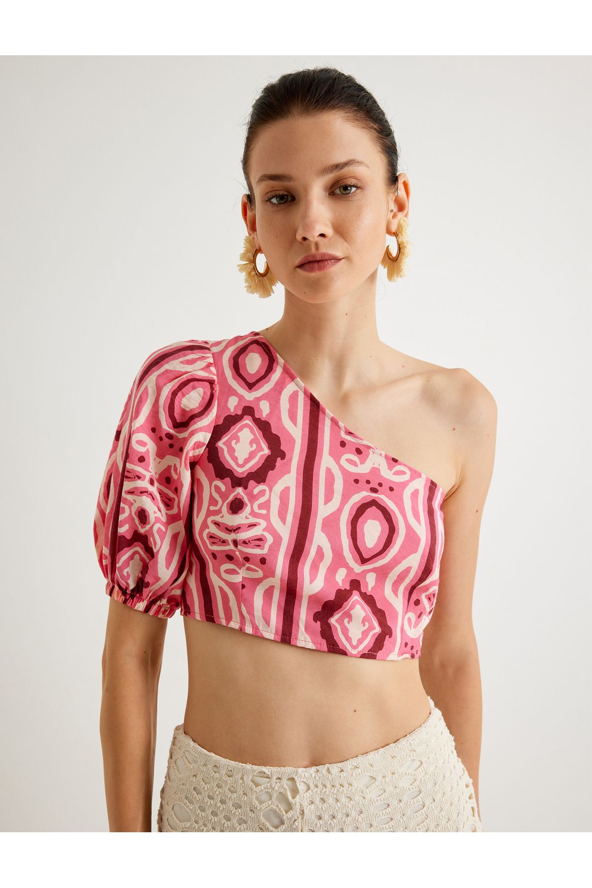 Koton-Melis Ağazat - One-Shoulder Ethnic Patterned Slim Fit Crop Blouse 1