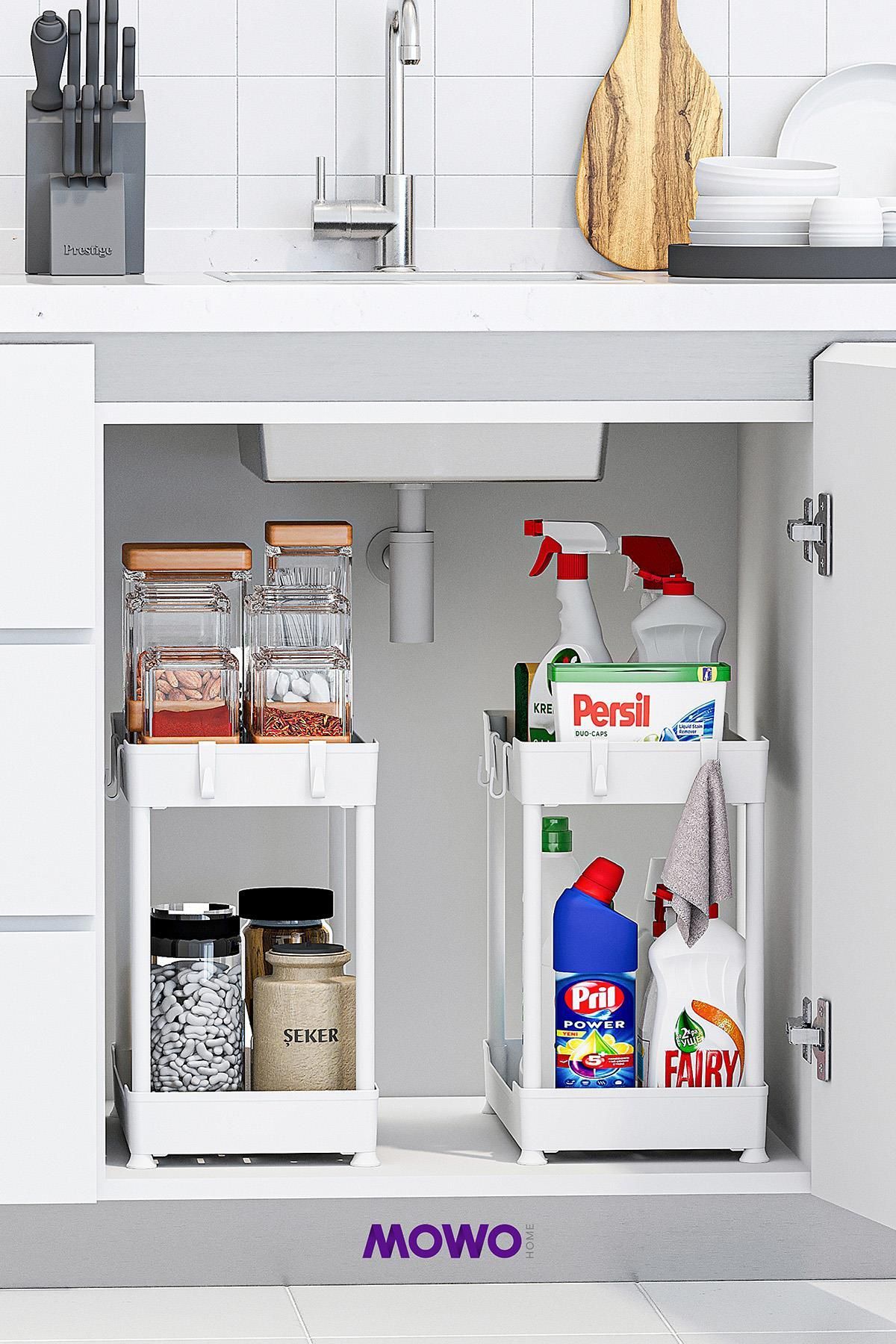 Mowo Home-White 2 Tier Organizer Kitchen Shelf Bathroom Shelf, under Cabinet Counter under Sink Detergent Holder 3