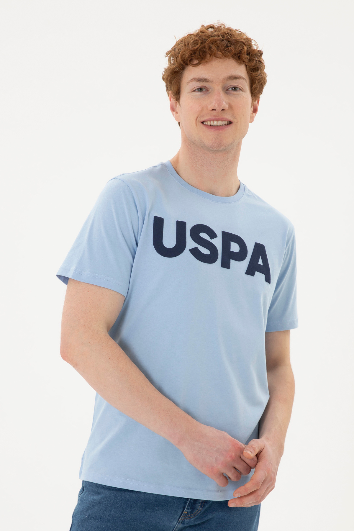 یو اس پولو تی‌شرت مردانه یقه گرد معمولی طرح آبی روشن کد ۵۰۲۷۹۶۲۰-VR۰۰۳