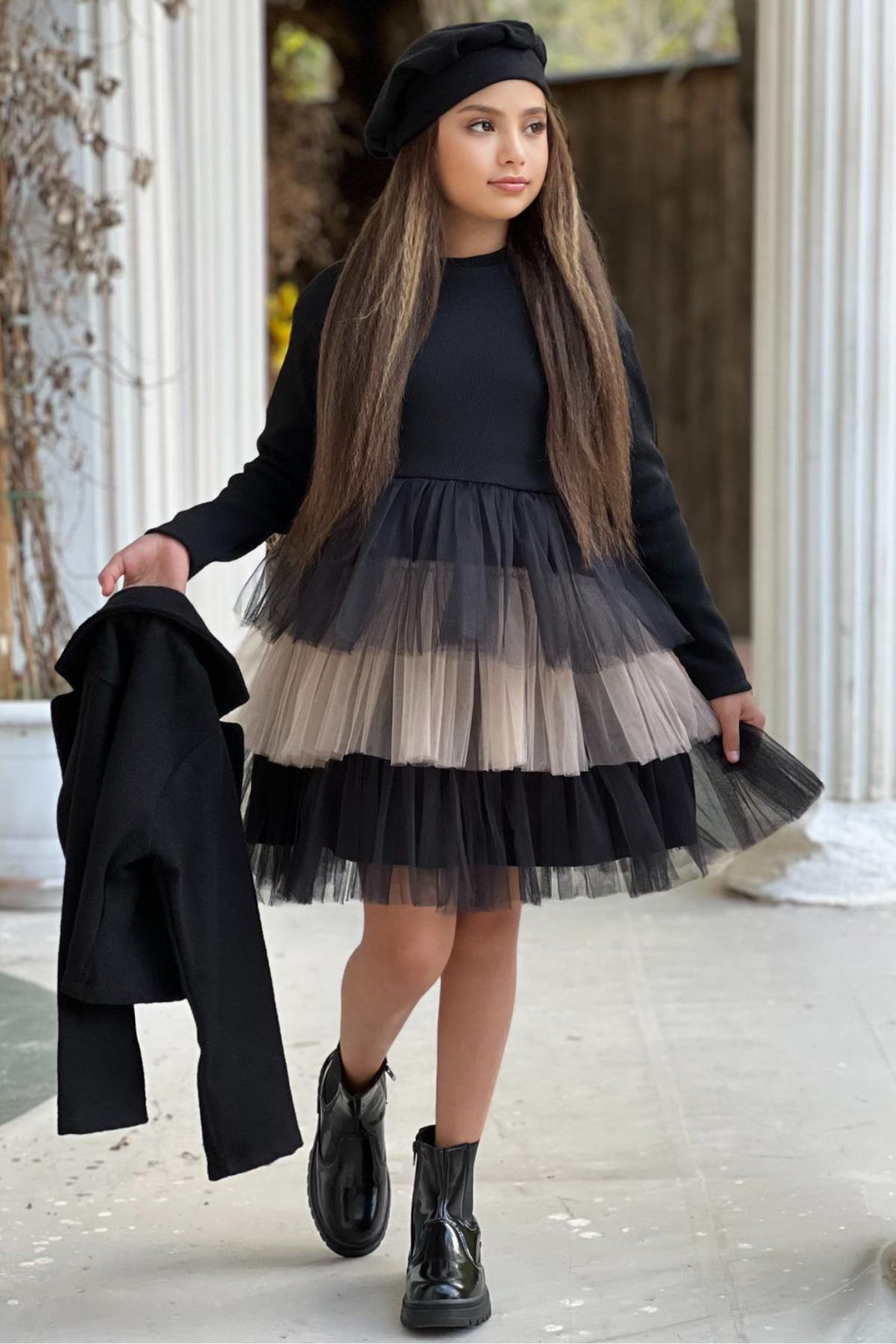 ELAFOR Alt Kat Kat Tül Üst Kaşkorse Kız Çocuk Abiye Elbise Ceket Ve Bere Kaşe-bayramlık-23 Nisan fotoğrafı 6 (önizleme)