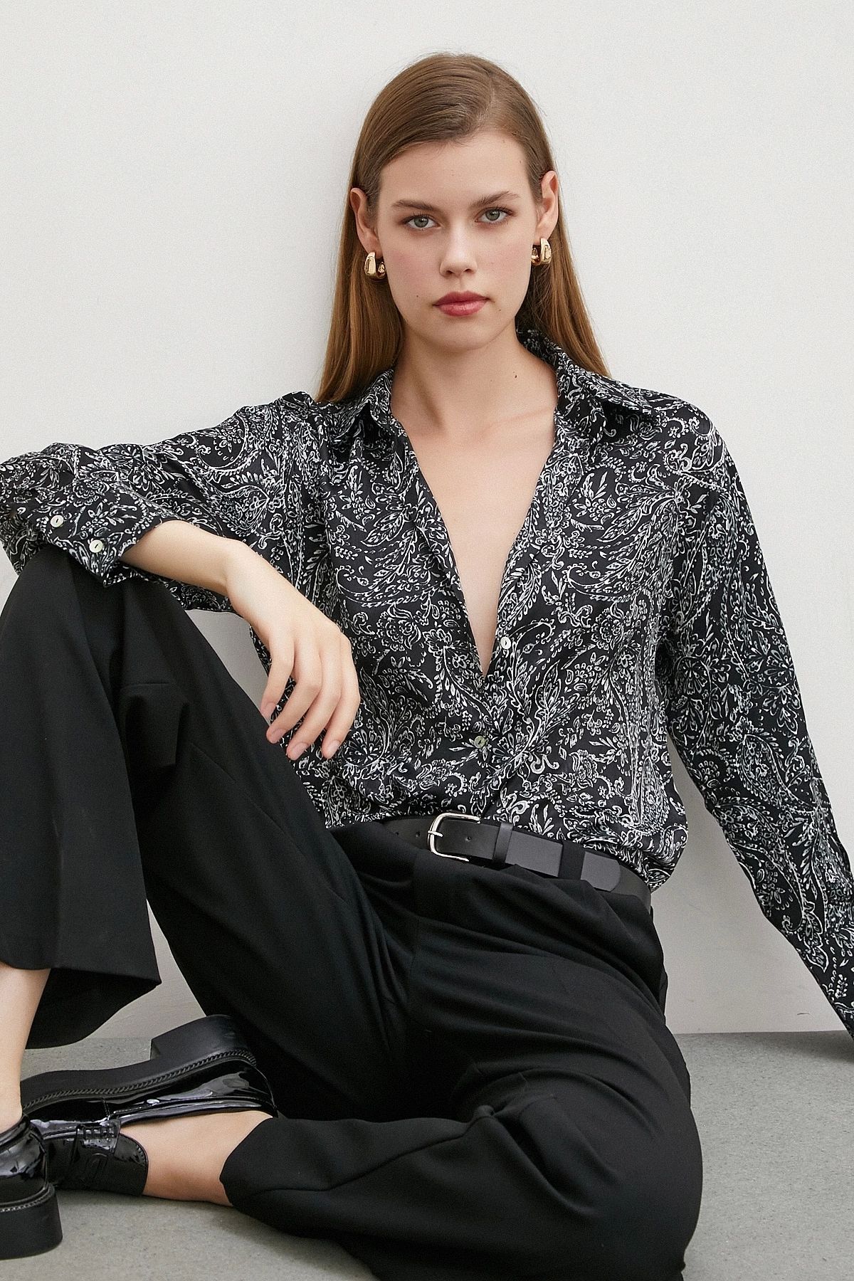 Never more-Black Satin Shirt - Shawl Pattern 6