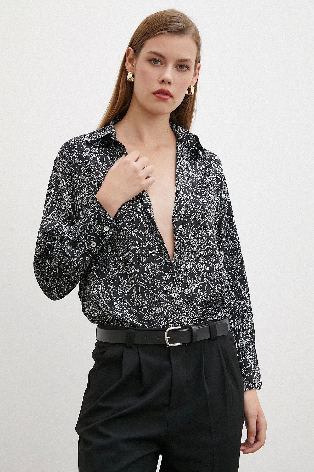 Never more-Black Satin Shirt - Shawl Pattern 1