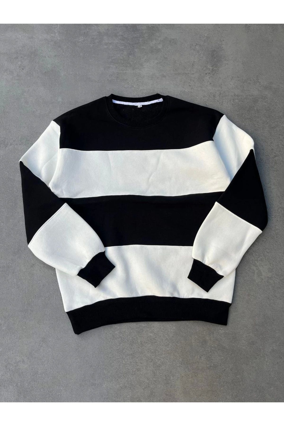 Pink Stil Parçalı Bisiklet Yaka Baskılı SweatShirt - Siyah Pink Stil