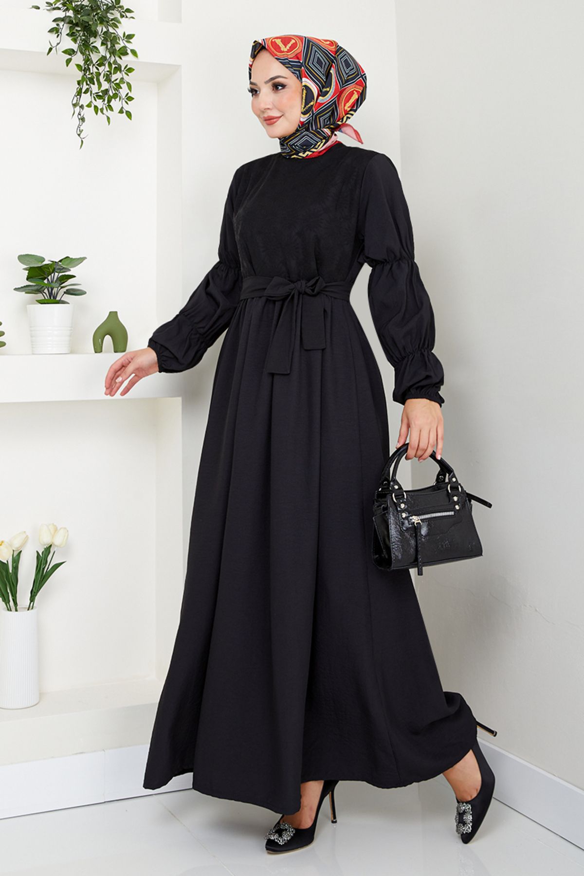 ModaMerve-Black Dress - 2453Hbs932-M, Elastic Sleeves 1