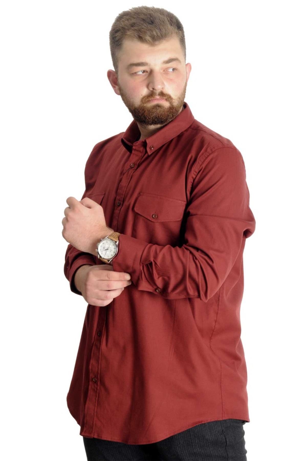 ModeXL Mode Xl Büyük Beden Gömlek Gabardin Çift Cep Kapaklı 20360 Bordo görsel 2