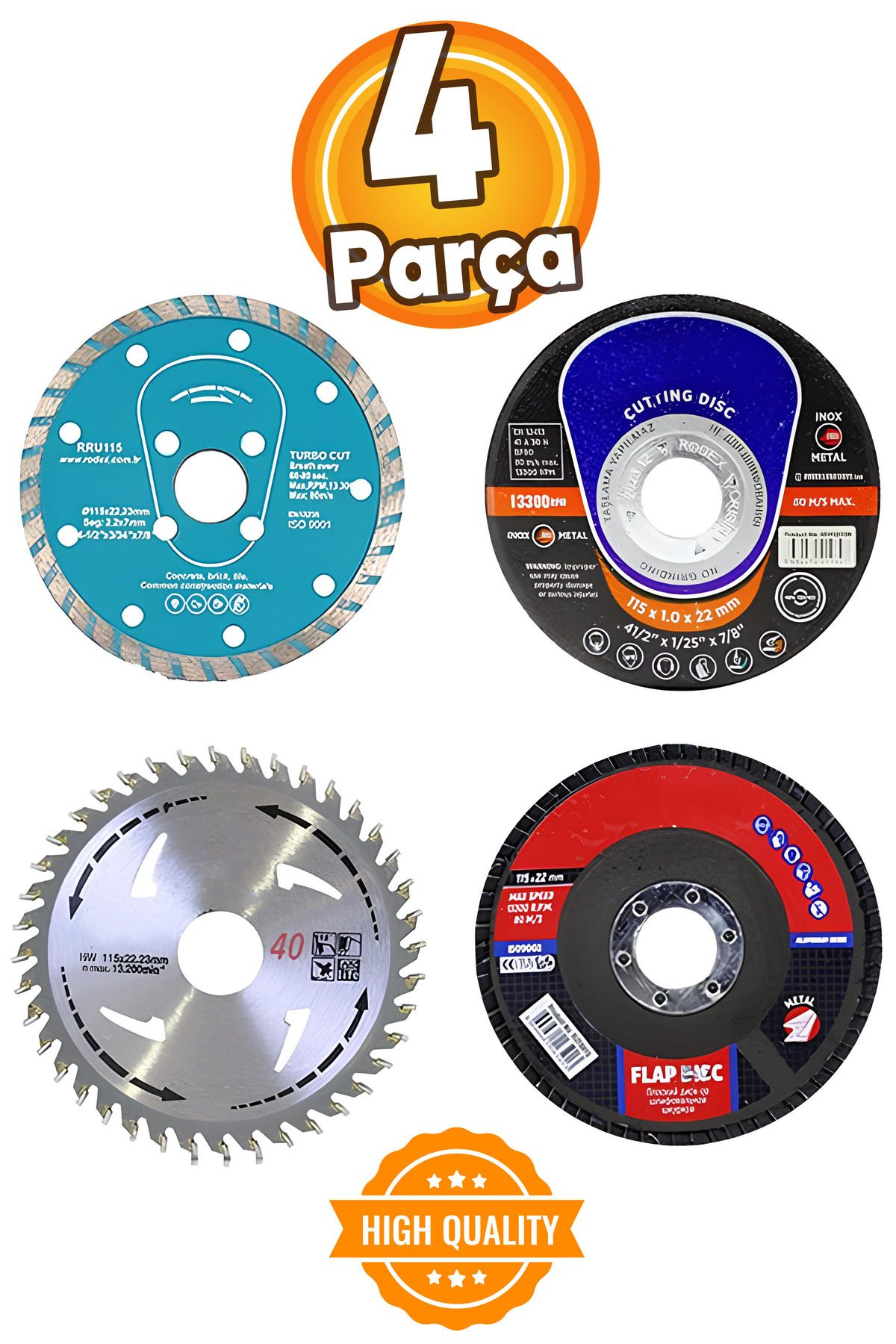 Badem10 4 Parça (115 MM) Mermer Inox Ahşap Metal Flap Kesici Kesme Disk Spiral Avuç Içi Taşlama Zımpara Seti