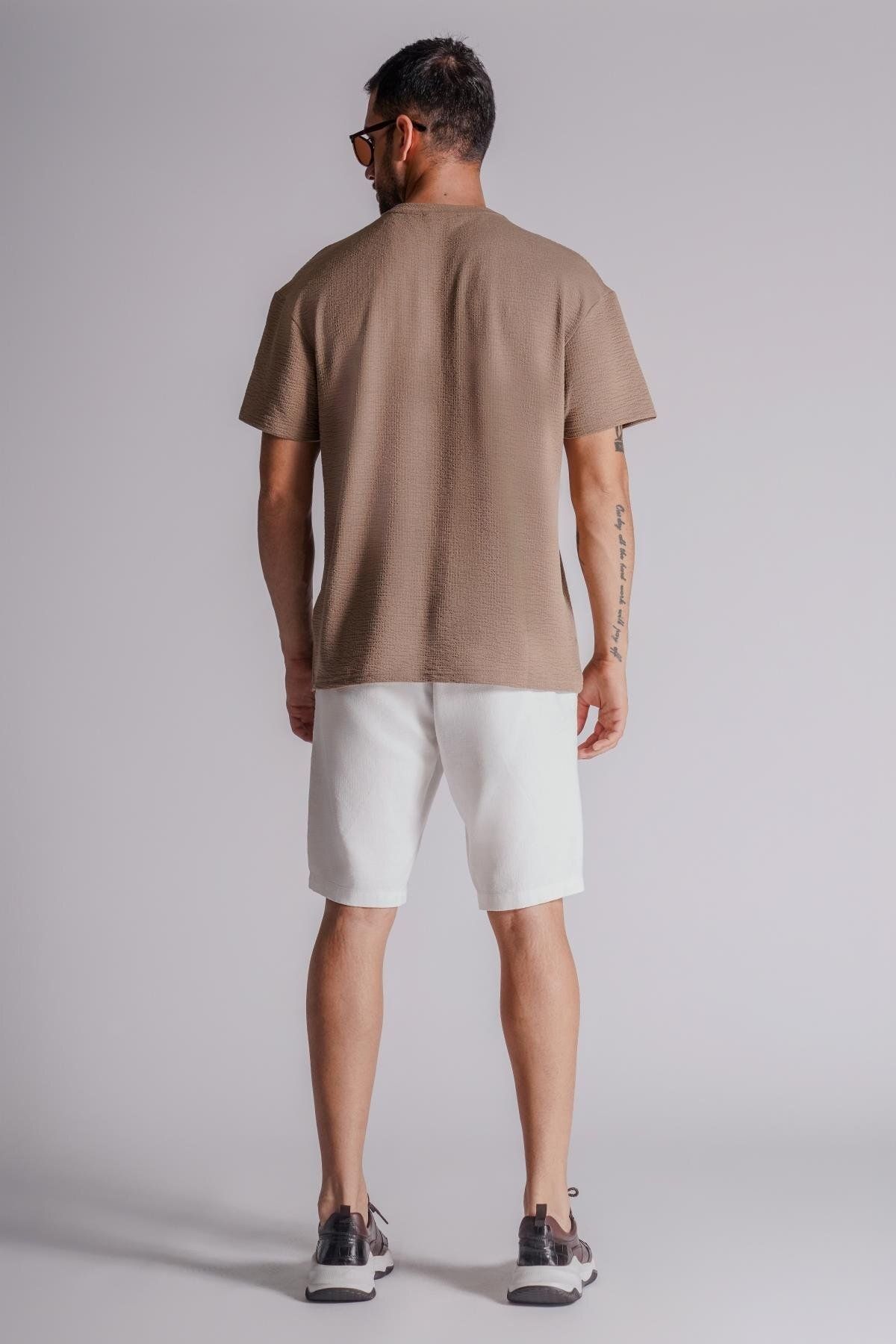 BRACCAS-Men's Linen Look Relaxed Fit Chino Shorts - With Side Pockets and Elastic Waist, Ecru 3