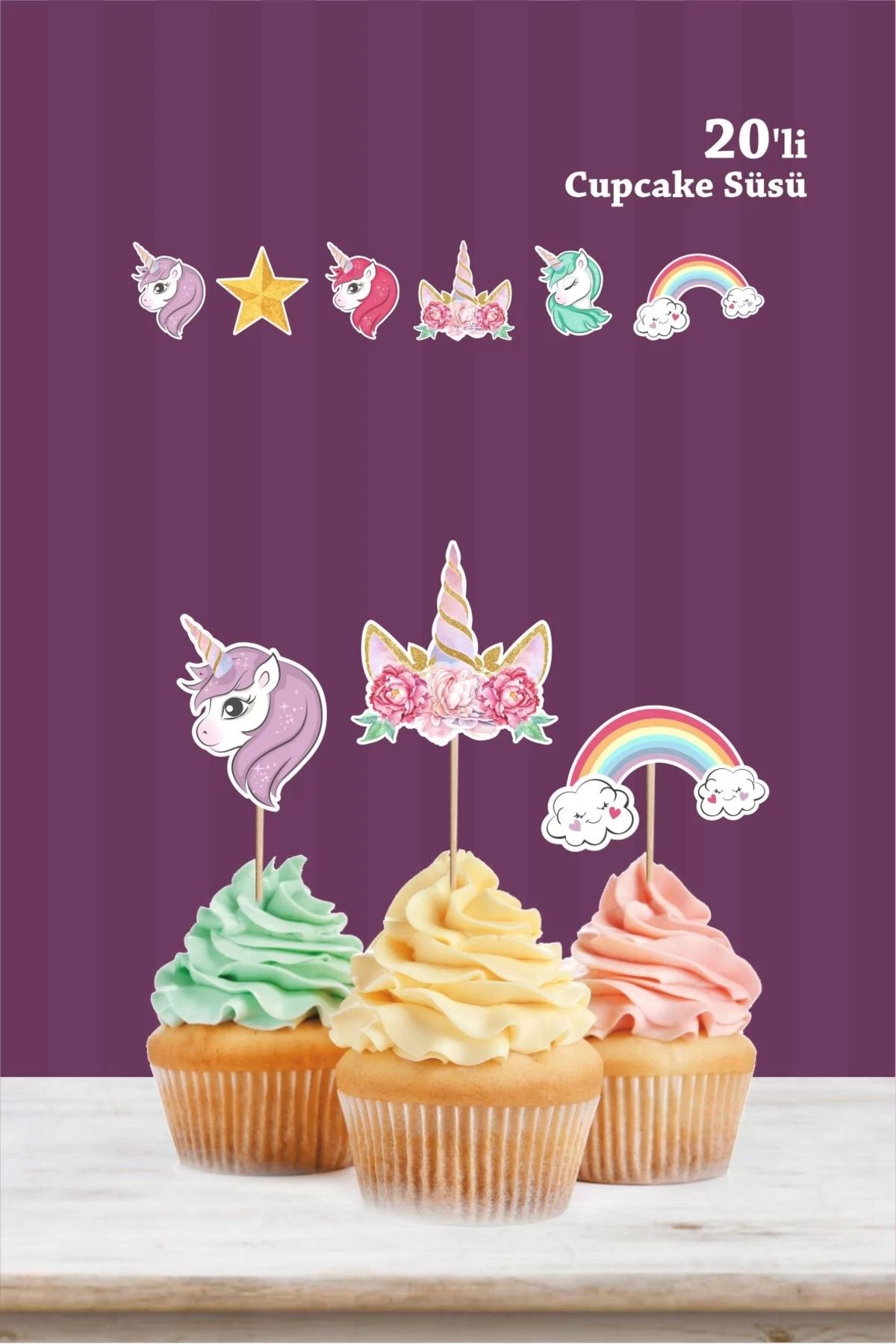 neşeli günlerim Unicorn Kürdanlı Cupcake Süsü *20'li Kalın Kağıt