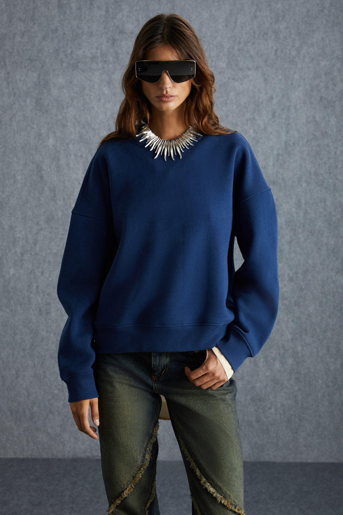 vaneltına femme 3 fils coton bio sweat shirt surdimensionné à col ras du cou bleu marine avec intérieur polaire