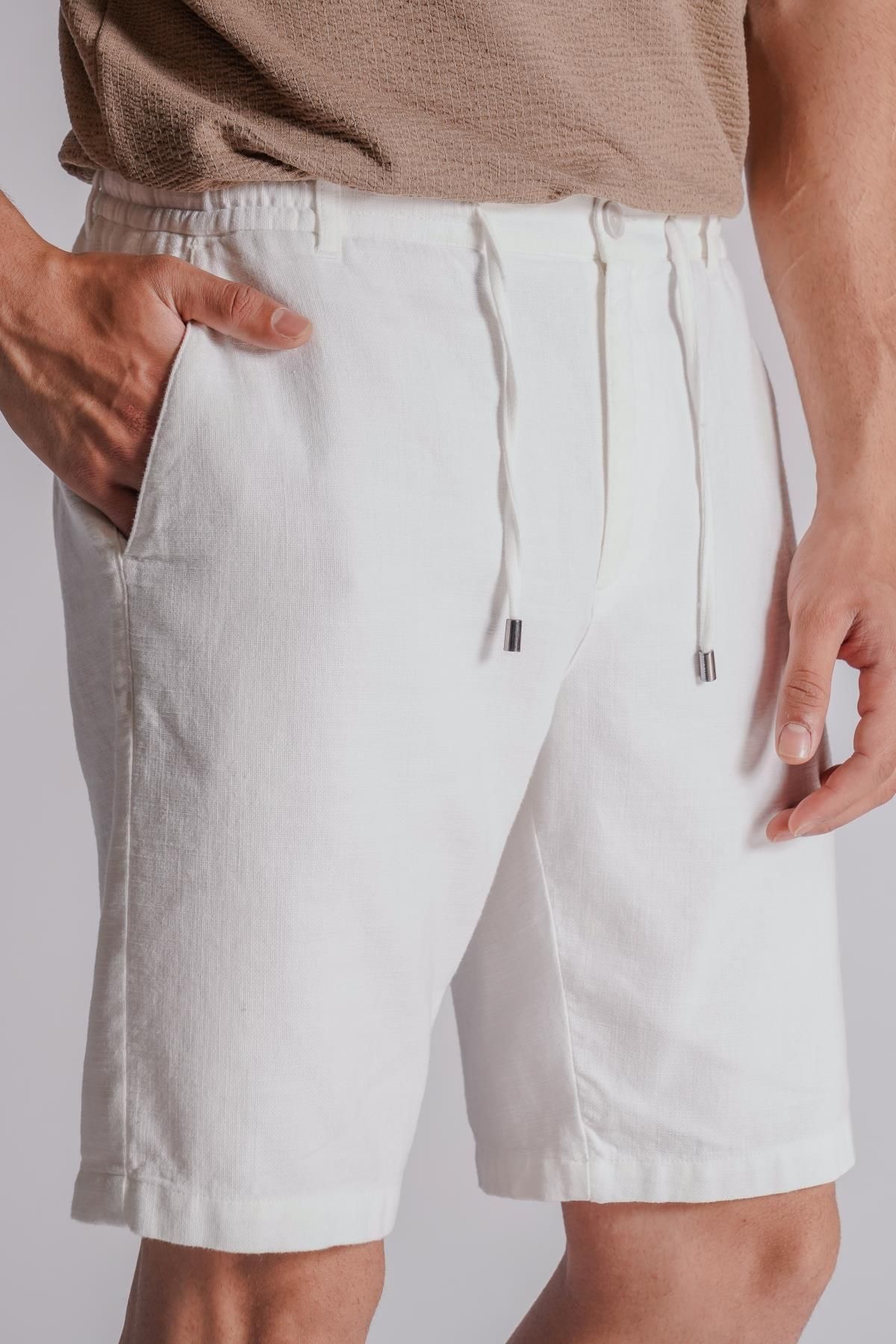 BRACCAS-Men's Linen Look Relaxed Fit Chino Shorts - With Side Pockets and Elastic Waist, Ecru 8