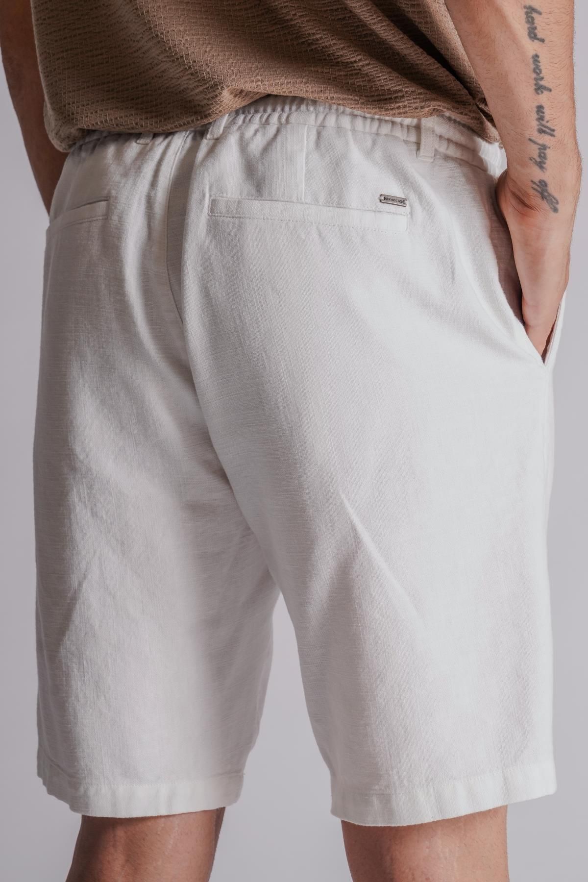 BRACCAS-Men's Linen Look Relaxed Fit Chino Shorts - With Side Pockets and Elastic Waist, Ecru 7