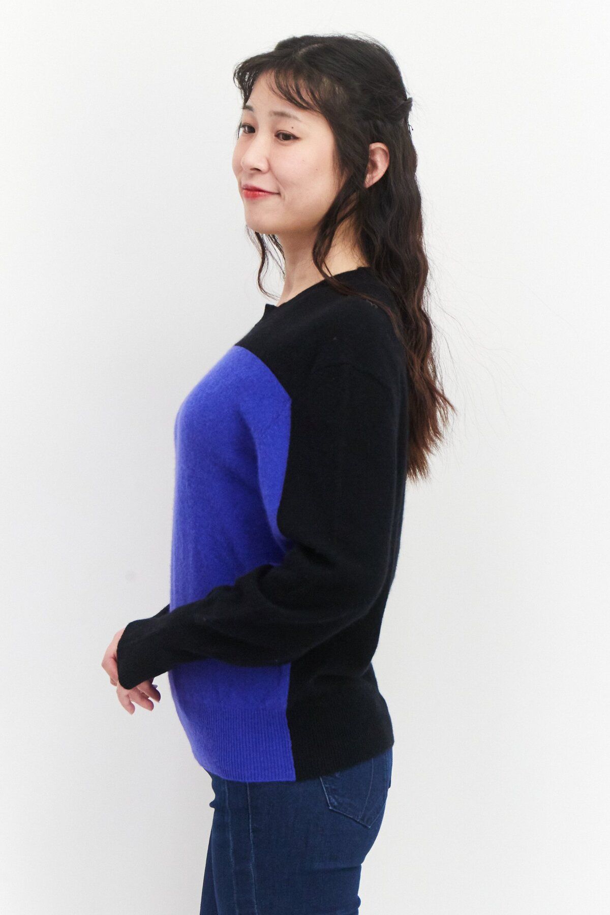 Aqua-Women Crew Neck Textured Sweater, Black/Blue 3