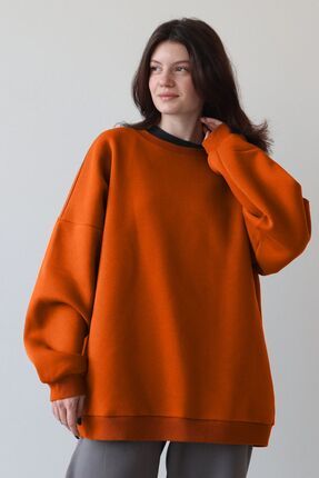 COMBİNE MİCHAİL Kadın Oversize Kalın Şardonlu Yumuşak Bisiklet Yaka Sweatshirt Oranj