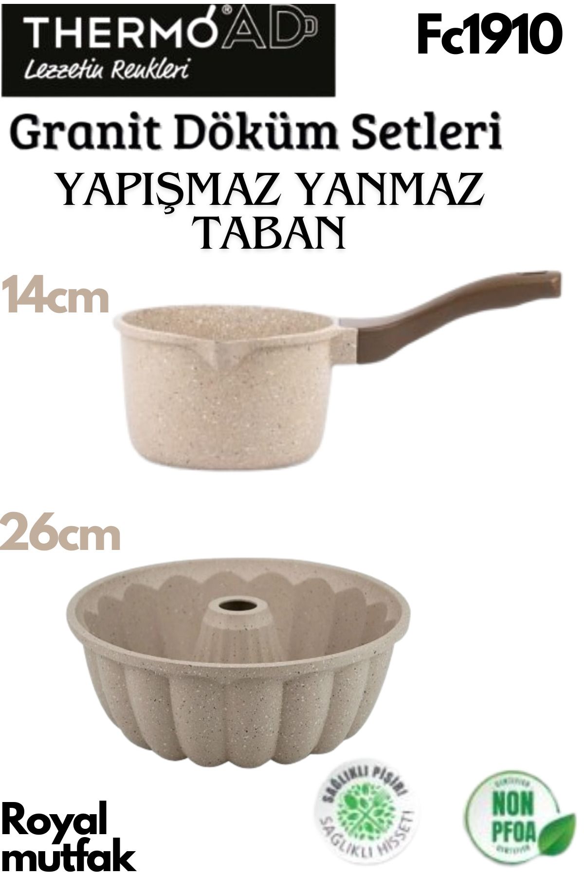 ThermoAD Granit Döküm Vizon Renk Granit Sütlük -Sosluk + Döküm Sık Dilimli Kek Kalıbı 26 Cm