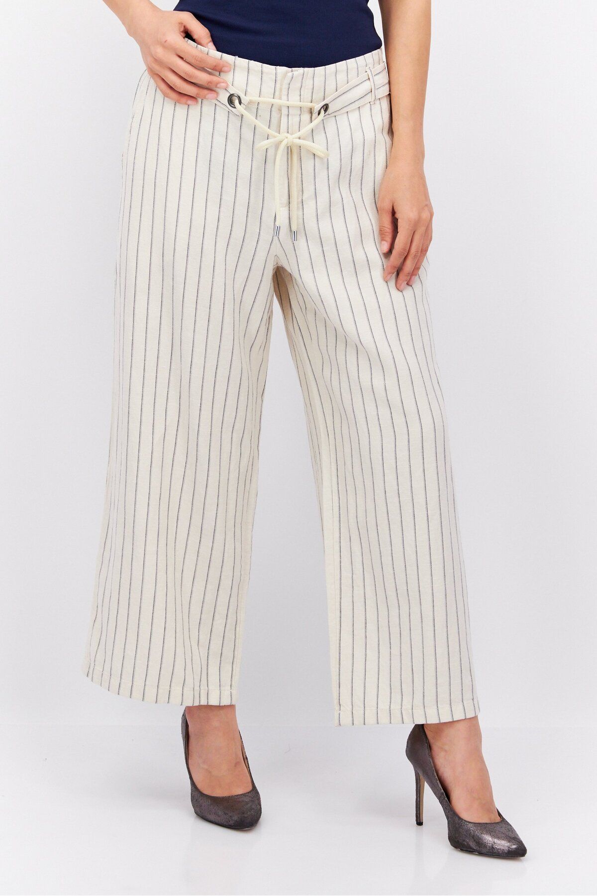 Esprit-Women Regular Fit Stripe Wide Leg Pant, Off White 1