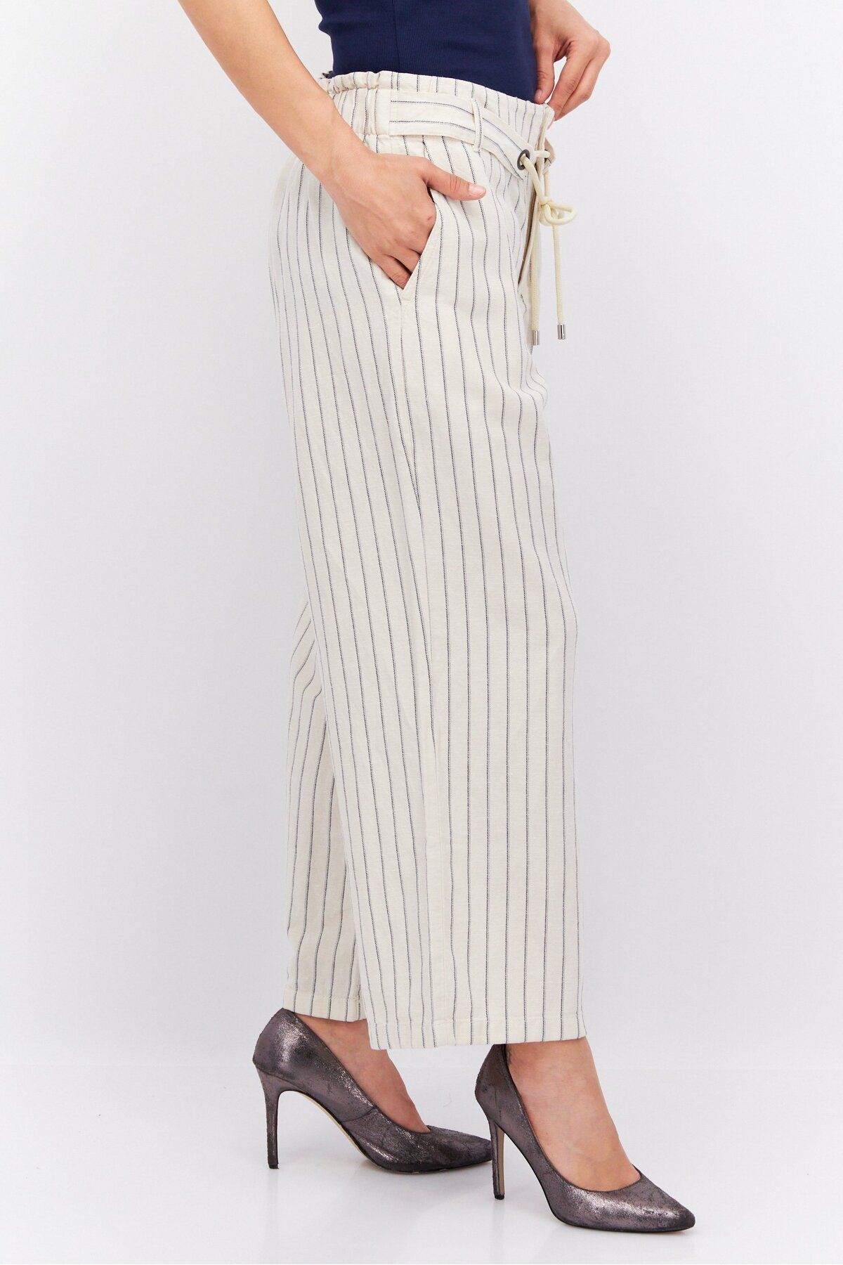 Esprit-Women Regular Fit Stripe Wide Leg Pant, Off White 4