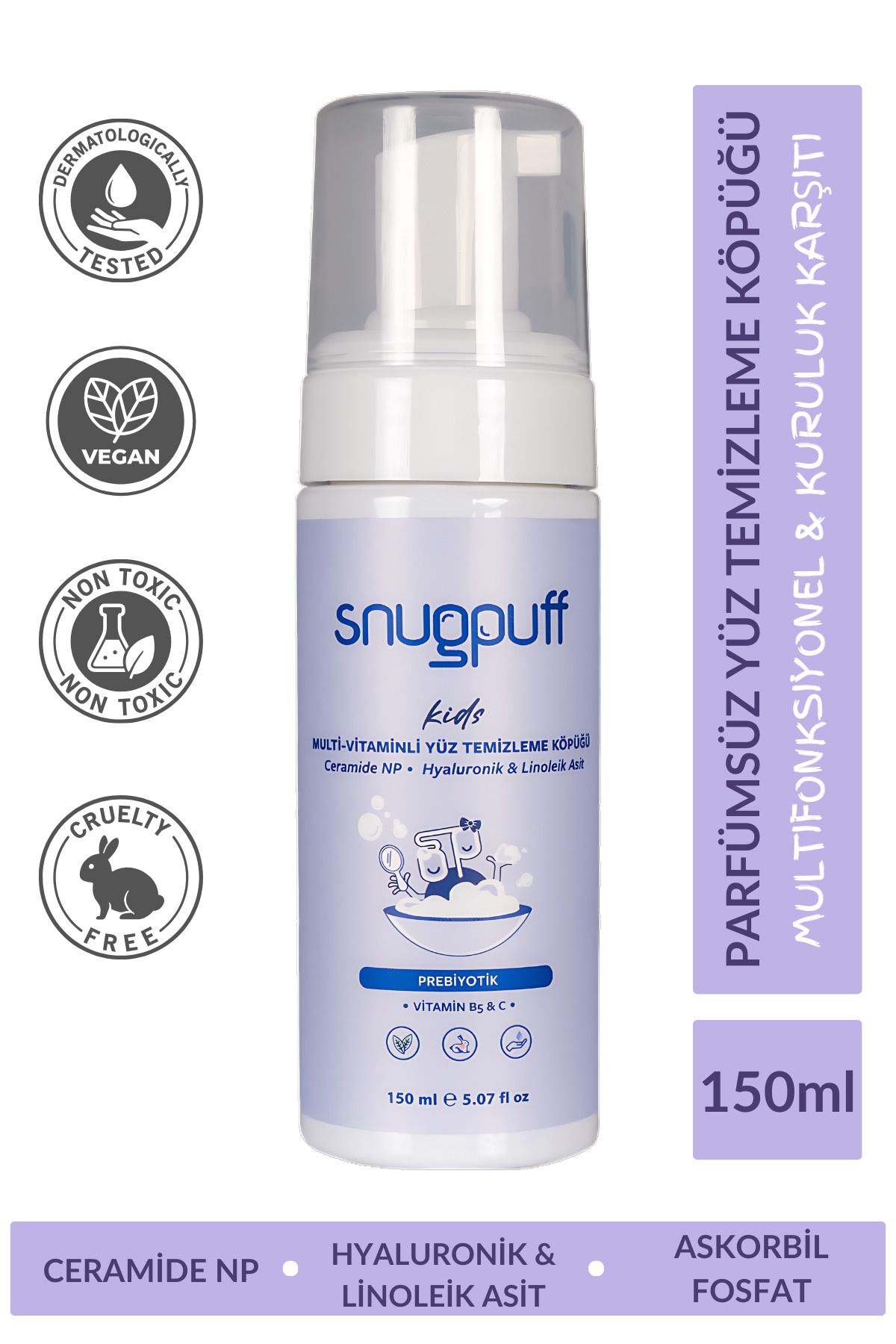 snugpuff Vitaminli Çocuk Yüz Temizleme Köpüğü, Ceramide Prebiyotik Vegan Parfümsüz Akne Karşıtı Onarıcı 150ml