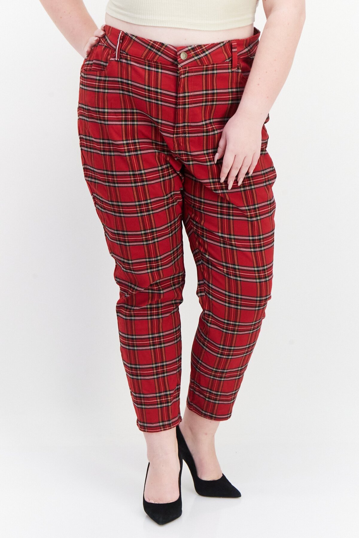 Tommy Hilfiger-Women Plus Size Checkerd Skinny Pants, Red 1