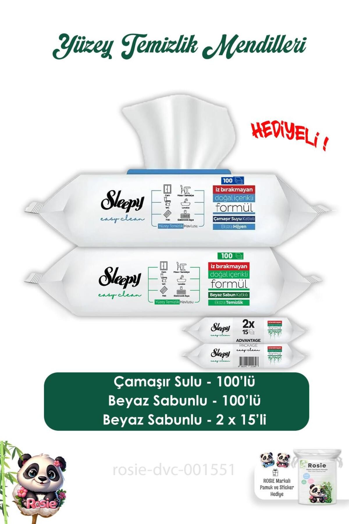Sleepy Beyaz Sabunlu 100'lü, Çamaşır Sulu 100'lü Yüzey Mendili, Easy Clean 2x15 ve ROSIE