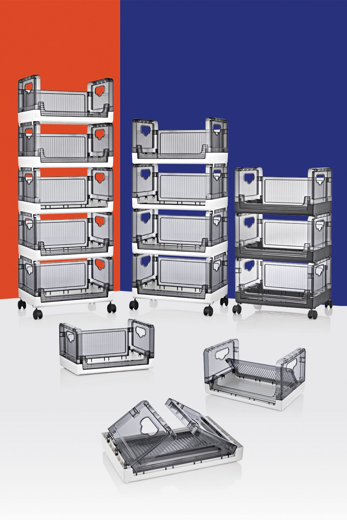 MissClean-Anthracite 4-Piece Organizer - Stackable and Folding, Movable Storage Rack with Wheels 8
