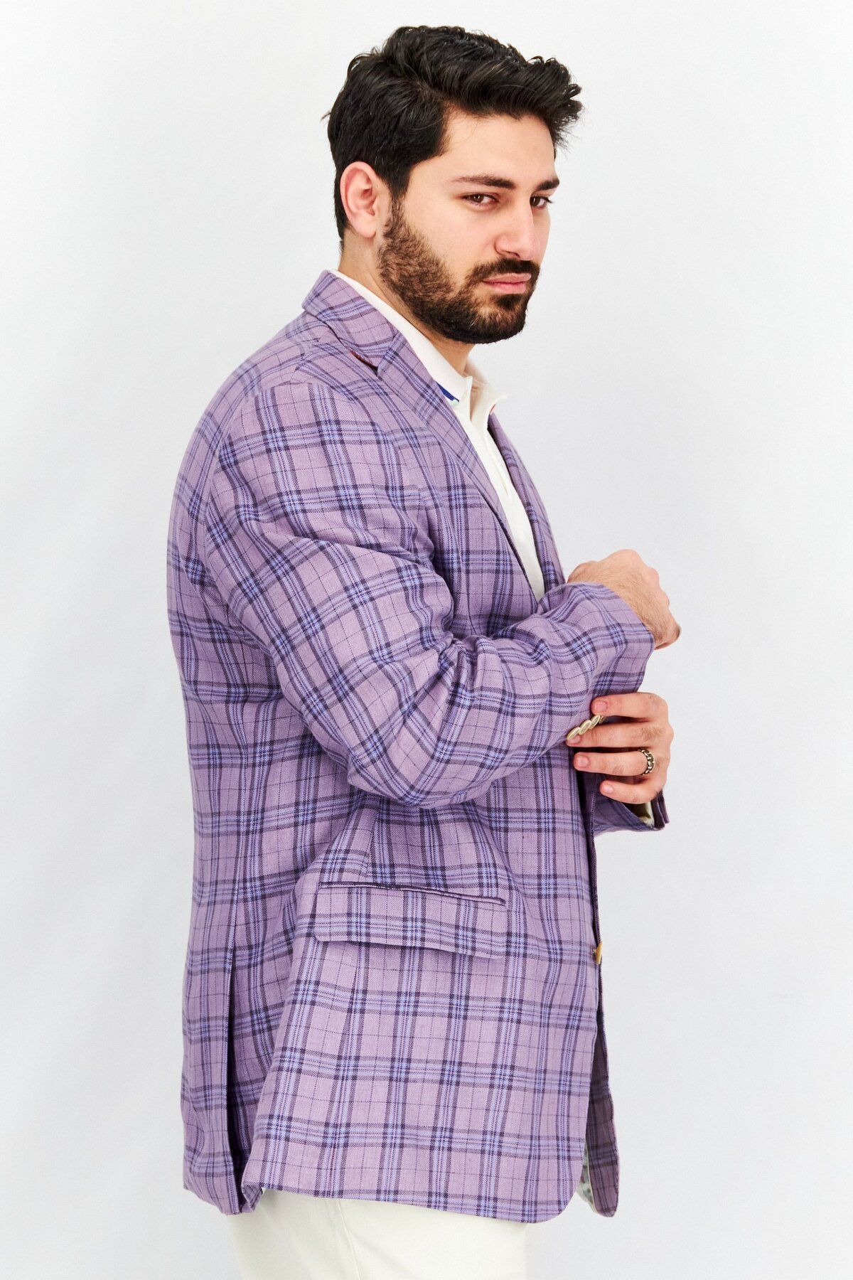 Tallia-Men Slim Fit Plaid Casual Blazer, Purple 2