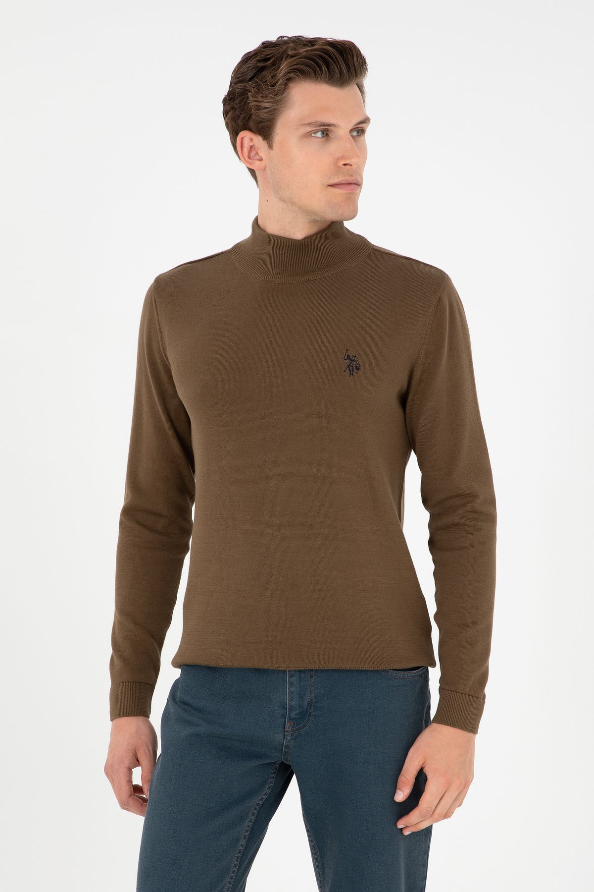 U.S. Polo Assn.-Men's Slim Fit Half Throat Khaki Basic Sweater 50293499 -Vr027 1