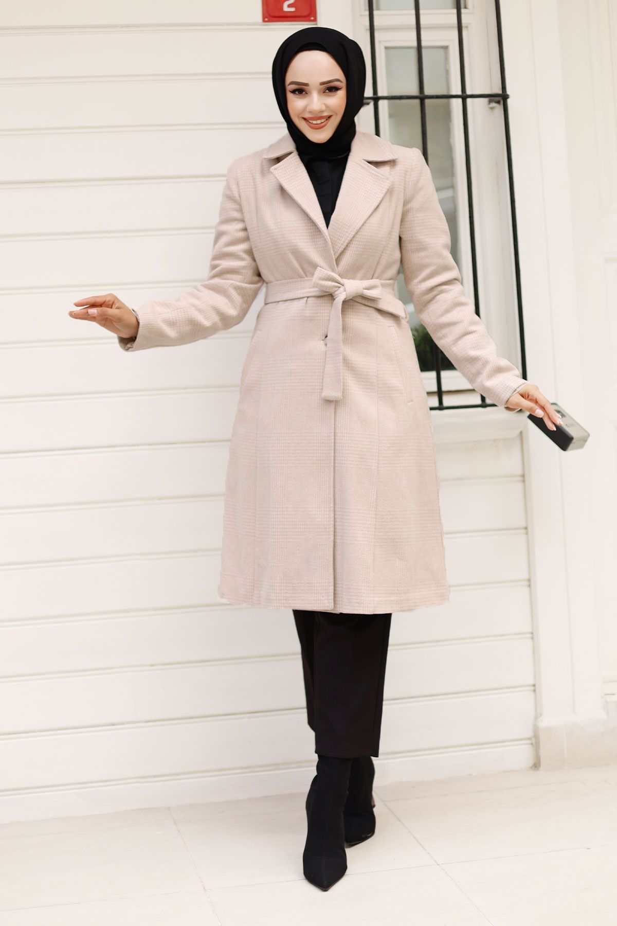 Tesettür Dünyası-Beige Double Buttoned and Waist Belted Coat - Tsd 240928 1