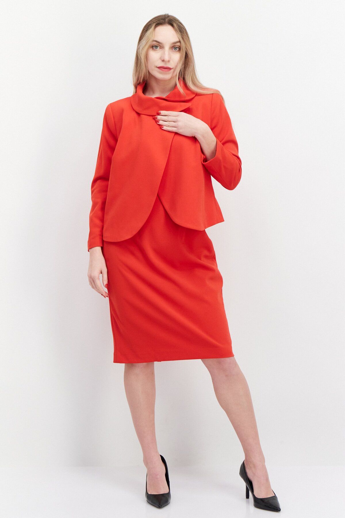 Nipon Boutique-Women 2 Pcs Solid Button Front Sheath Jacket Dress Set, Red 3