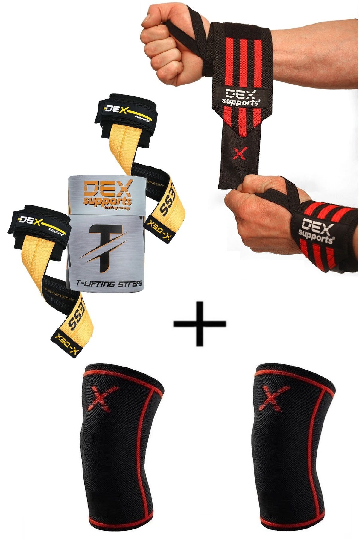 Dex Supports Fitness Bileklik Wrist Wraps + Antrenman Dizliği Knee Sleeve + T-Grips Lifting Straps 3'lü Paket