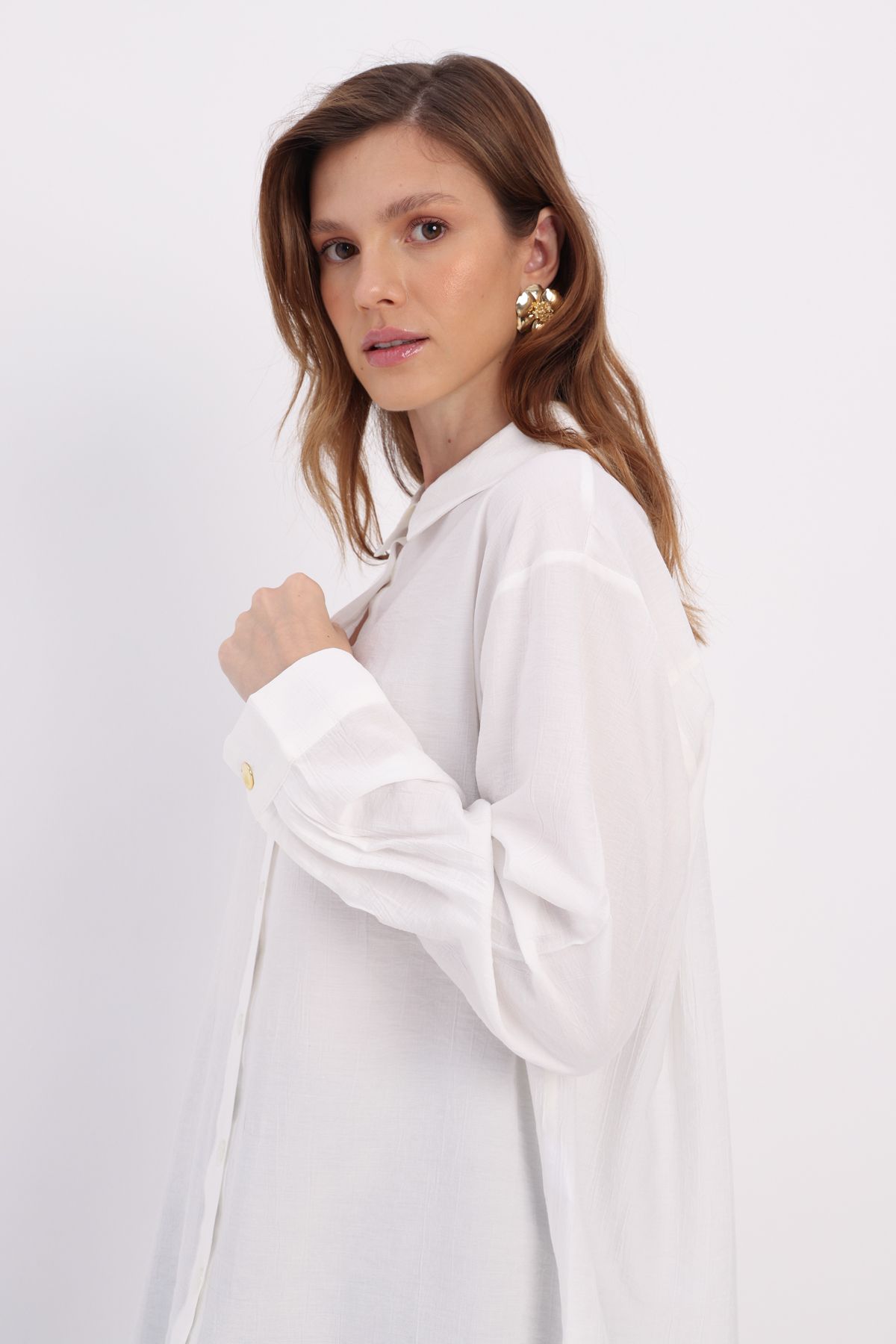 ALLDAY-Ecru Large Size Stylish Buttoned Shirt with Cuff Detail 1