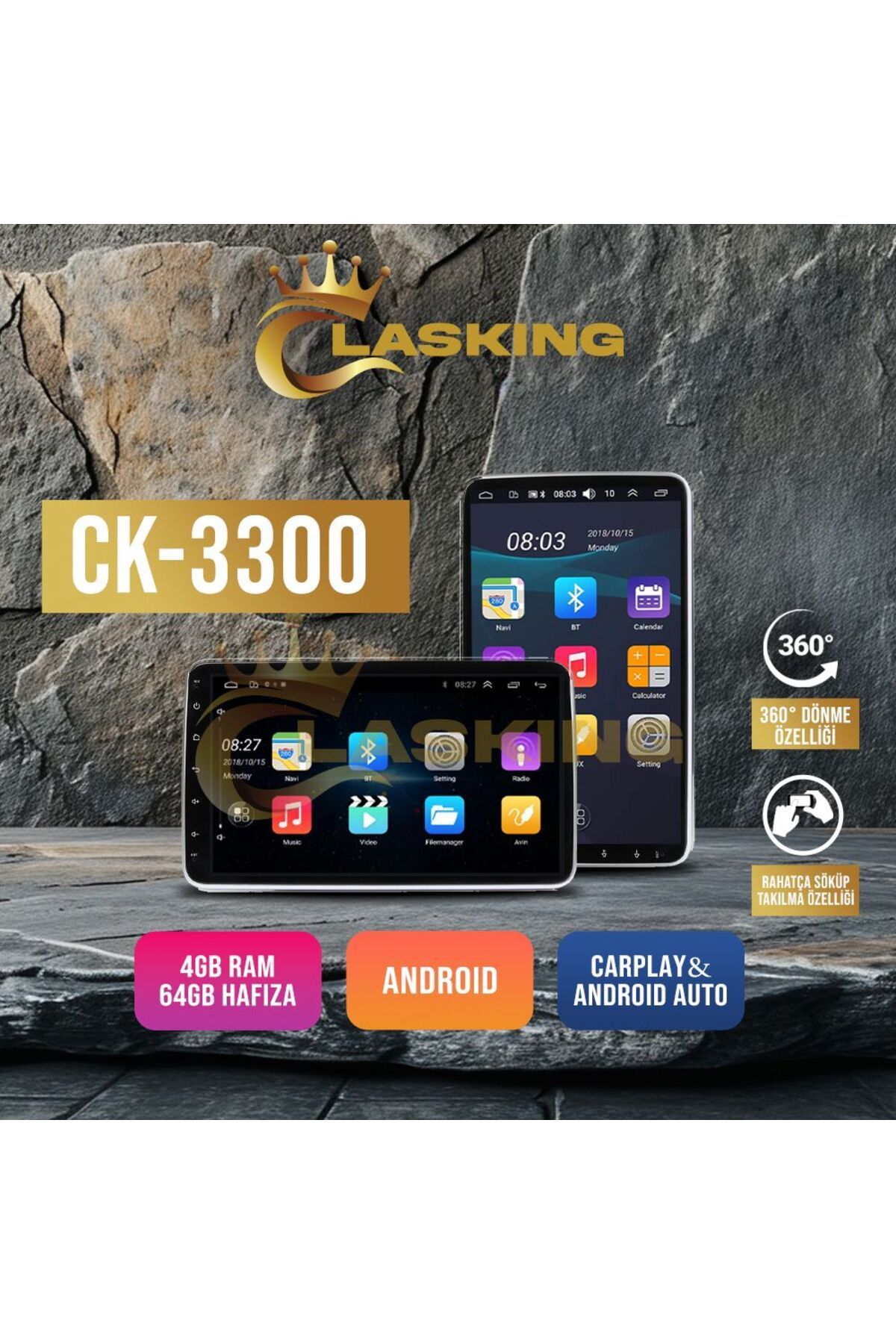 ClasKing Ck-3300 4gb Ram 64gb Hafıza Yeni Seri Üniversal Android 10 Inch Carplay