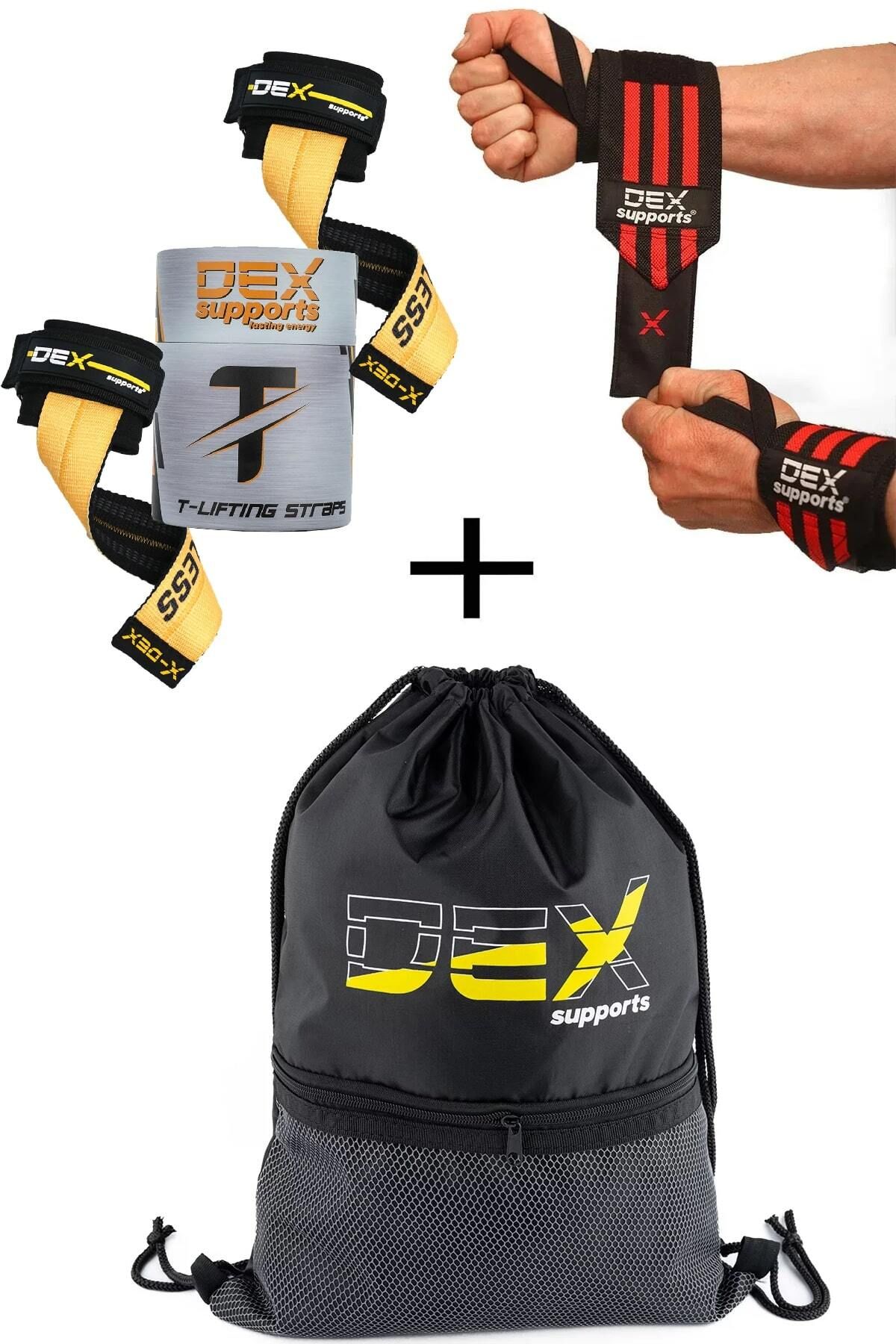 Dex Supports Fitness Bilekliği Wrist Wraps+Ağırlık Kaldırma Kayışı T-Grips Lifting Straps+Sackpack 3'lü Paket