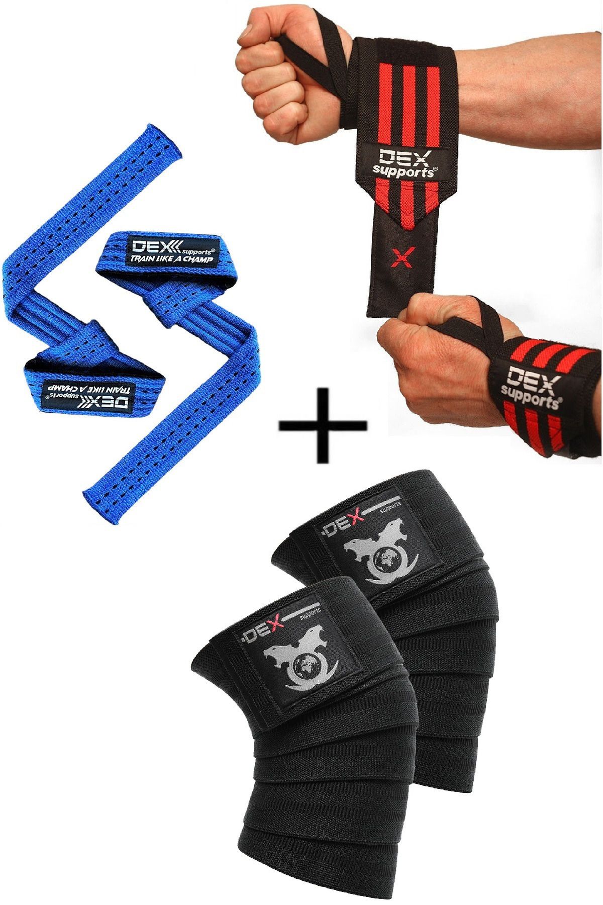 Dex Supports Spor Bilekliği Wrist Wraps+Antrenman Dizliği Knee Wraps Legend+Lifting Straps Pro 3'lü Paket