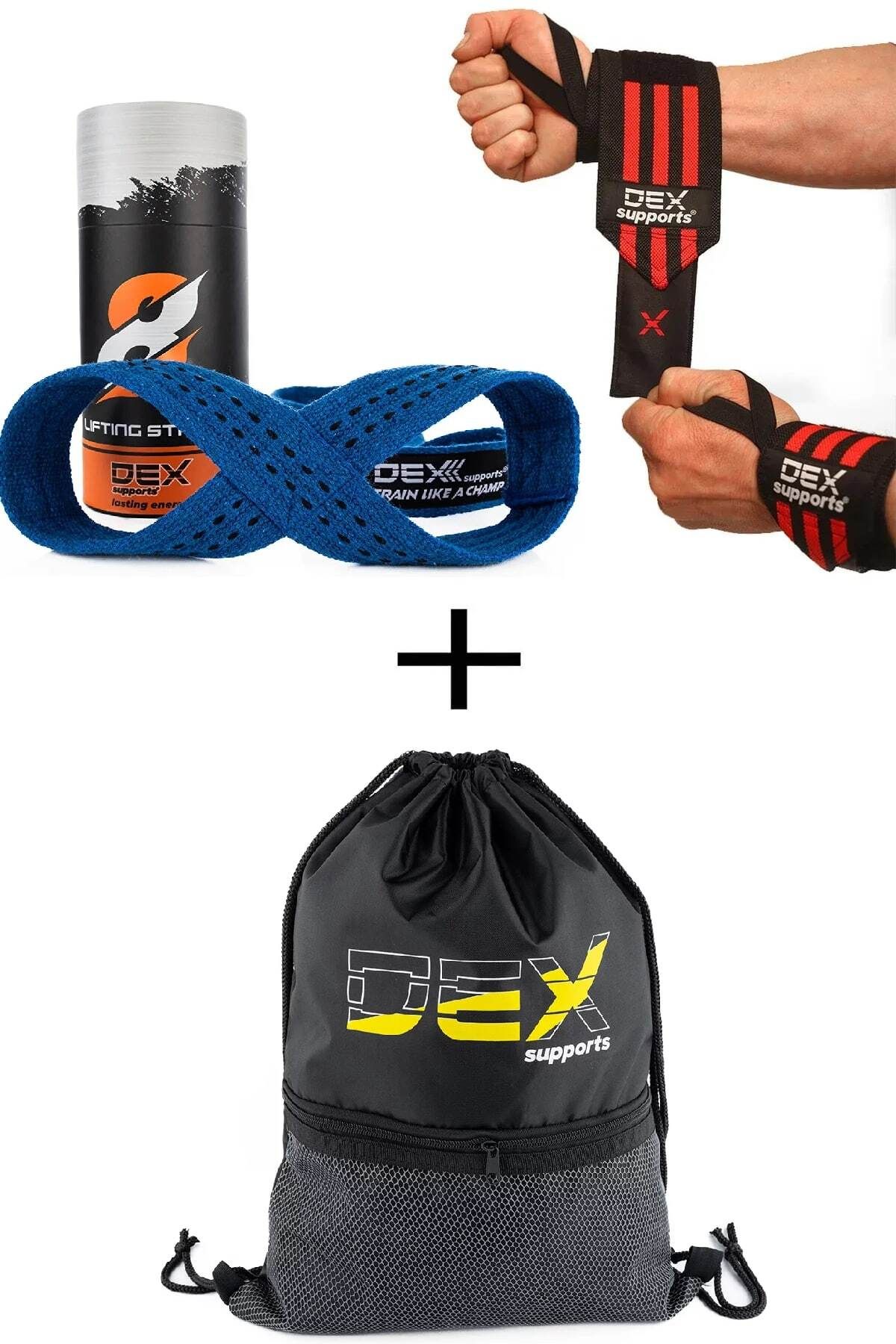 Dex Supports Fitness Bilekliği Wrist Wraps+Ağırlık Kaldırma Kayışı 8 Loop Lifting Straps+Sackpack 3'lü Paket