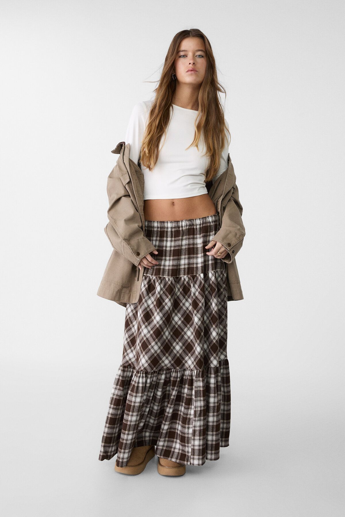 Stradivarius-Draped and Checkered Long Skirt 1