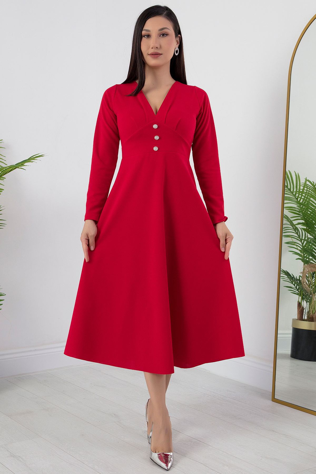PULLIMM-V-Neck Front Buttoned Flared Dress 2024-2159 5