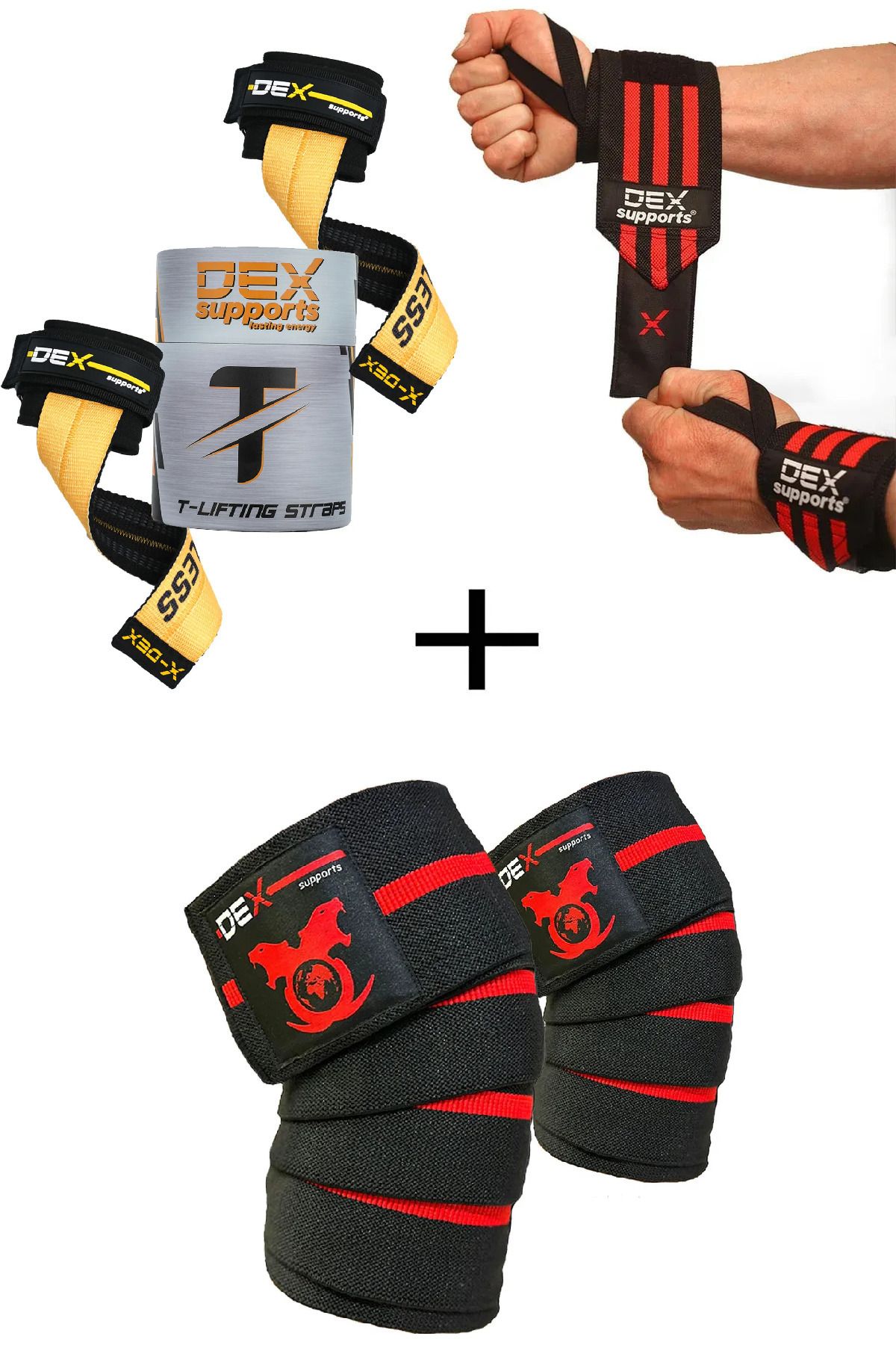 Dex Supports Sporcu Bilekliği Wrist Wraps + Sporcu Dizliği Knee Wraps Elite + T-Grips Lifting Straps 3'lü Paket