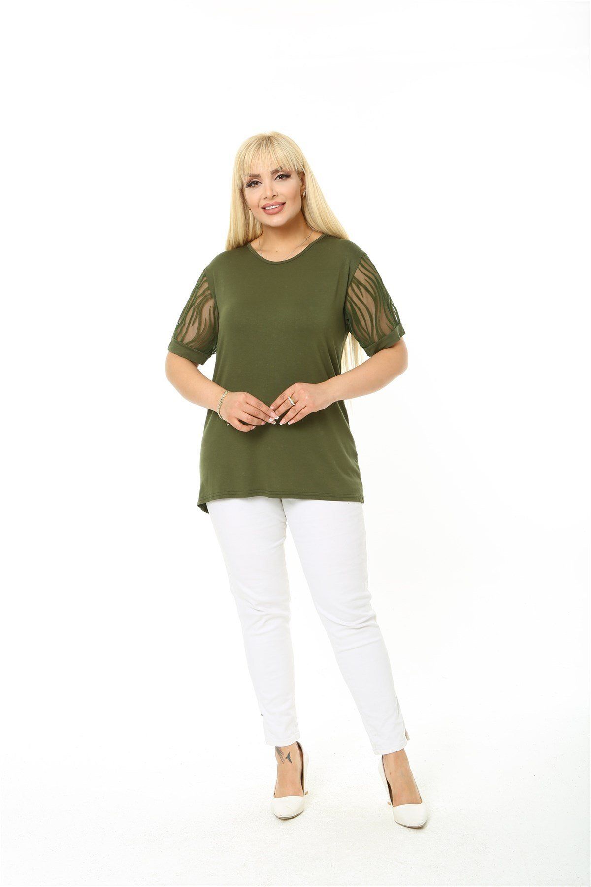 EGZEBRU-Plus Size Zebra Print Khaki Blouse - Short Sleeve 7