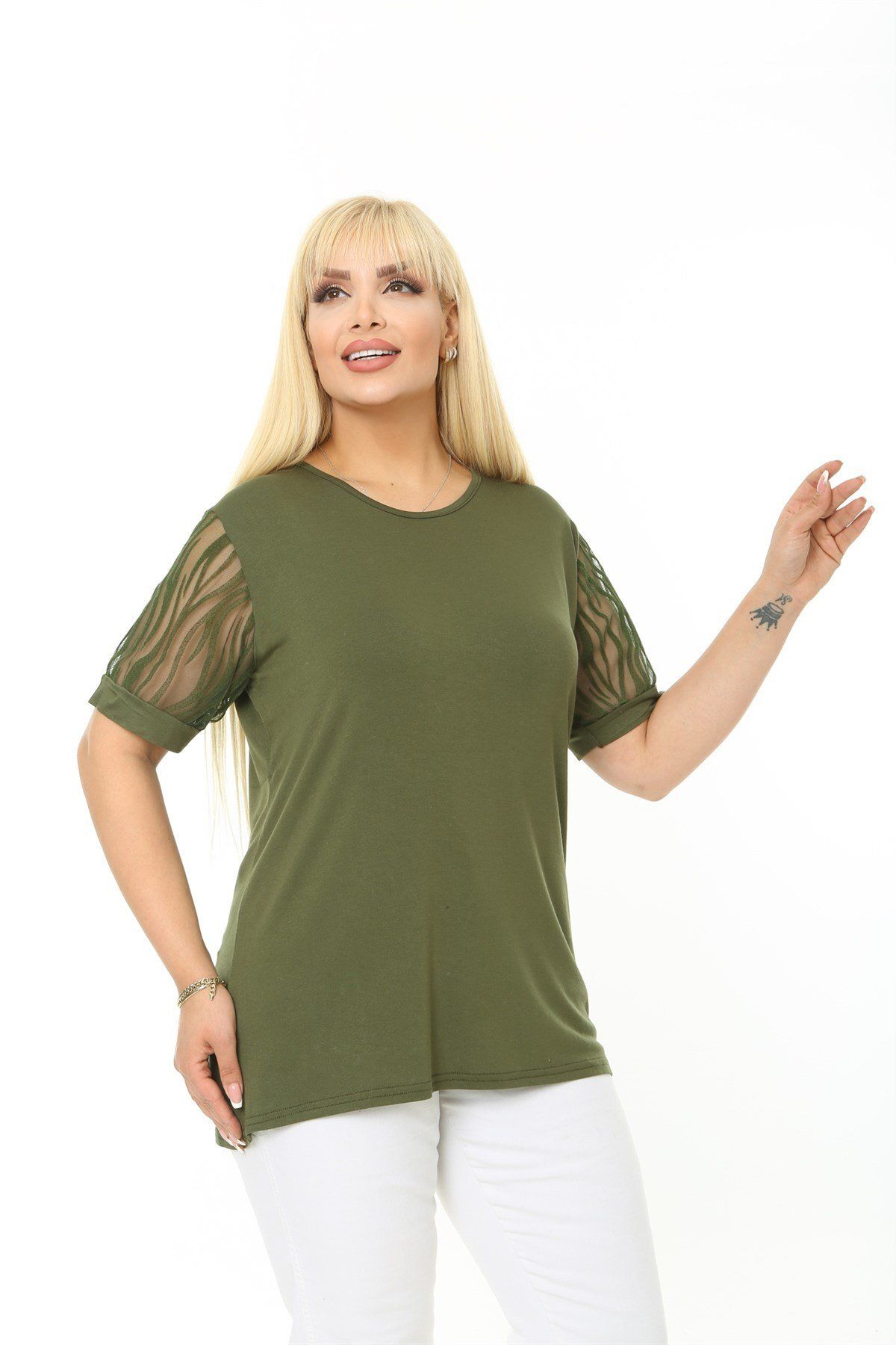 EGZEBRU-Plus Size Zebra Print Khaki Blouse - Short Sleeve 2