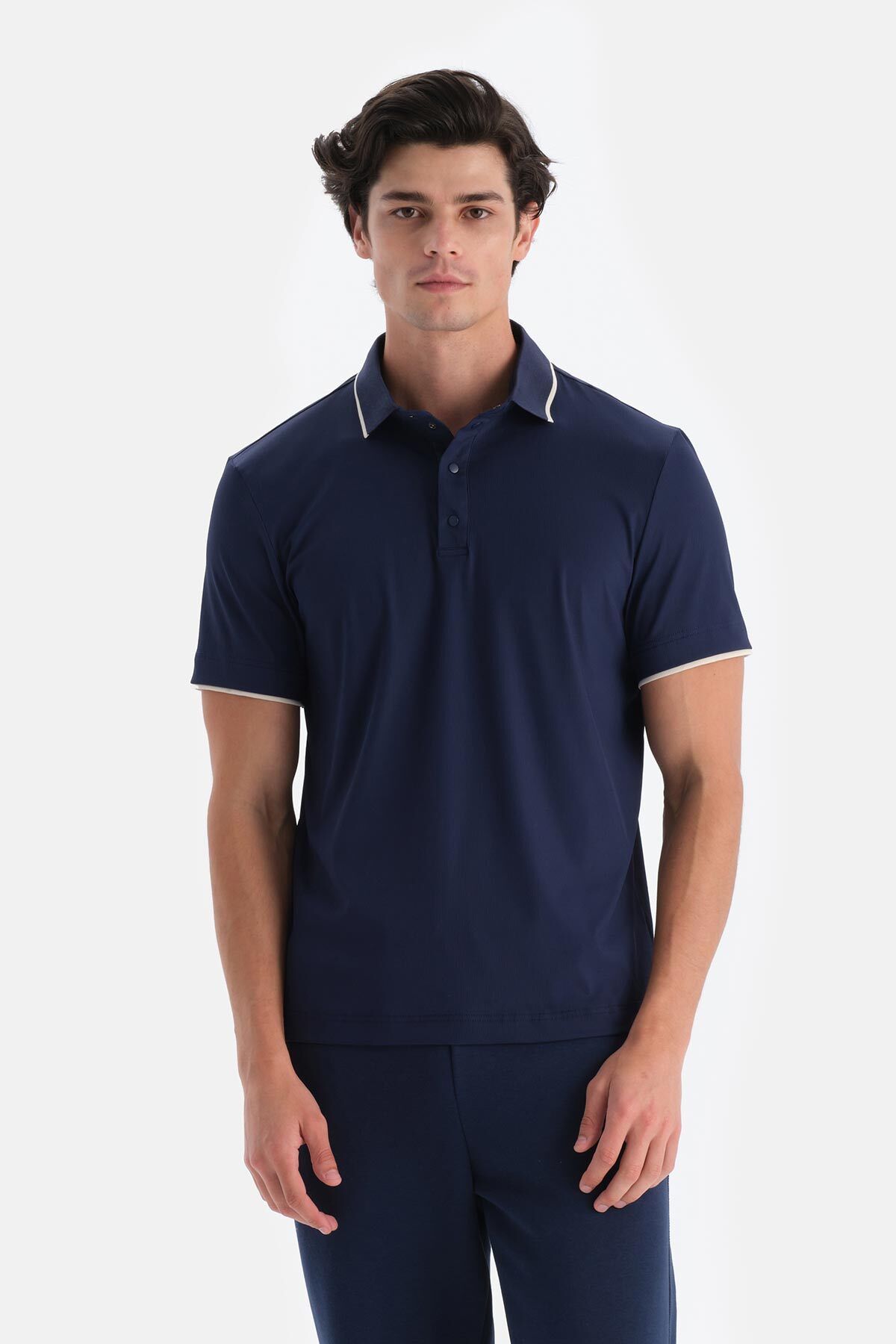 Dagi-Navy Blue Men's Technical Fabric Polo Collar Detailed T-Shirt 1