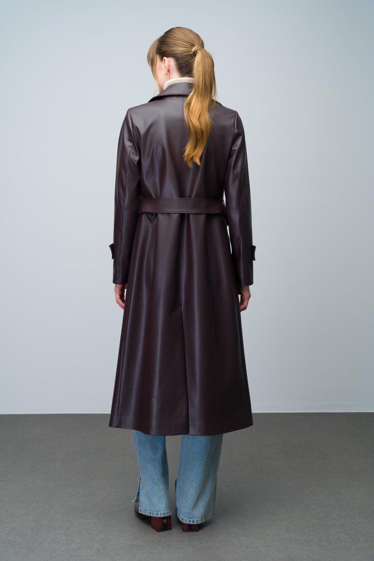 Olcay-Leather Trench Coat - Zipper Detail on the Collar, Belt Buckle, Brown 6609 8