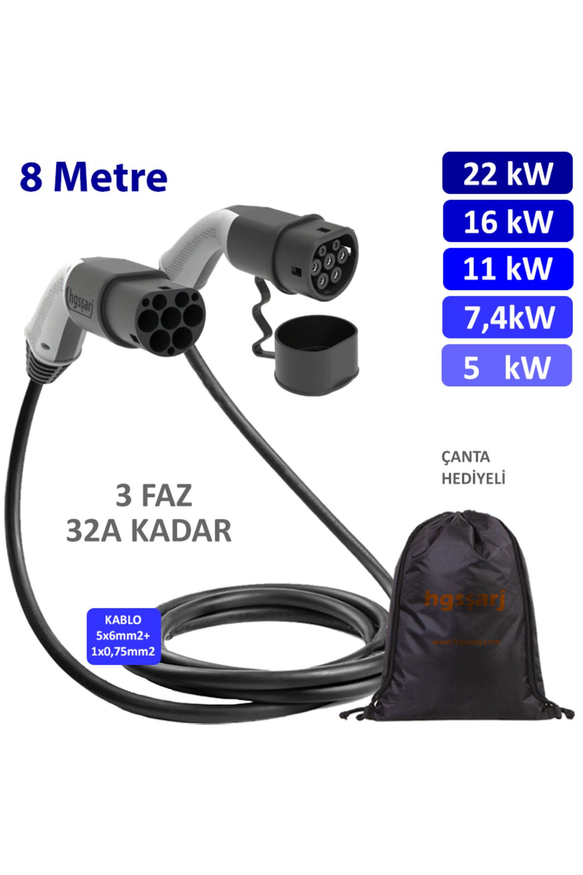 hgsşarj 8 Metre, Elektrikli Araç Şarj Kablosu 22kw-11kw-7,4kw3,7kw, 32a Kadar - Tip 2-mod3