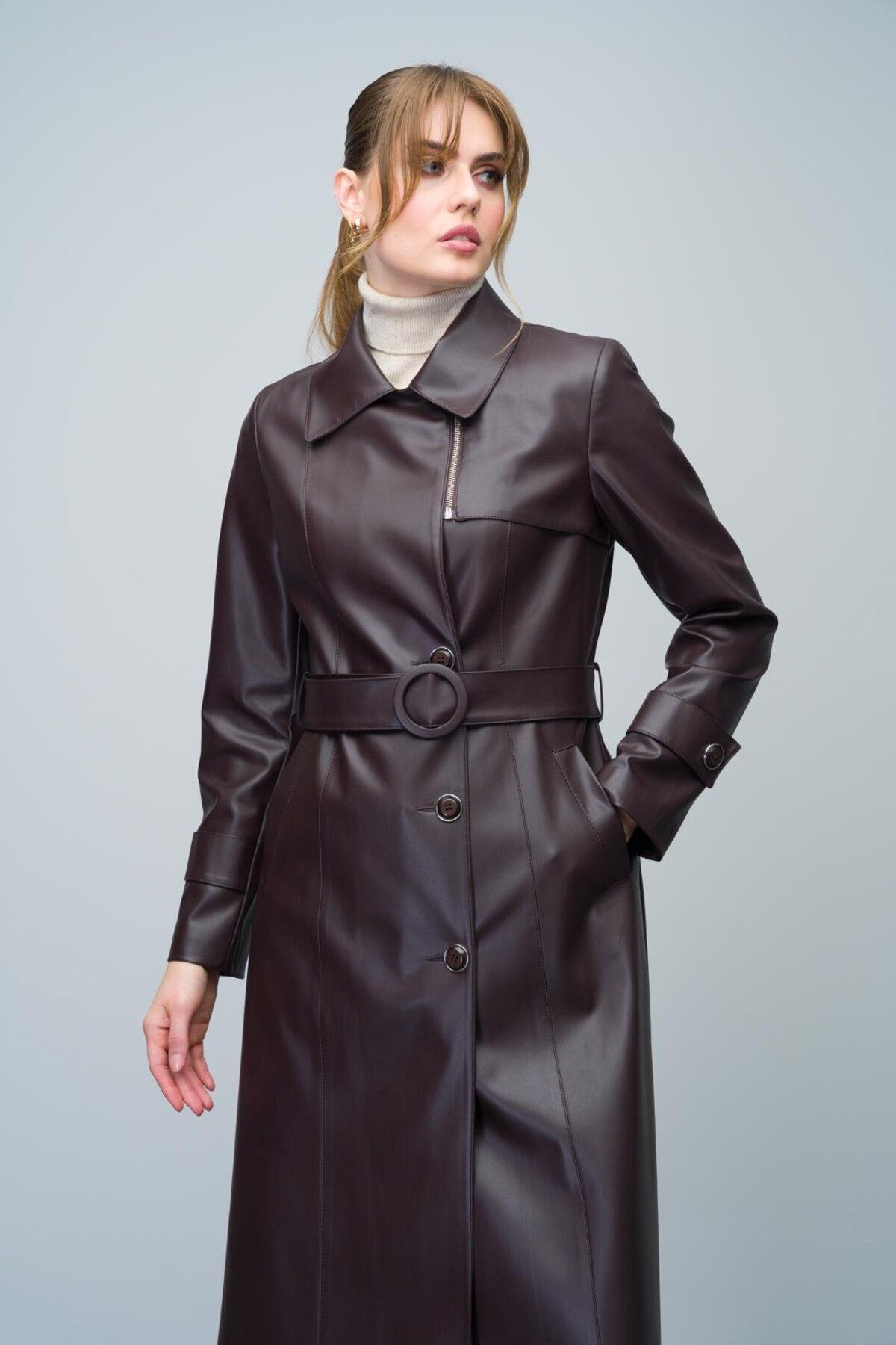 Olcay-Leather Trench Coat - Zipper Detail on the Collar, Belt Buckle, Brown 6609 3